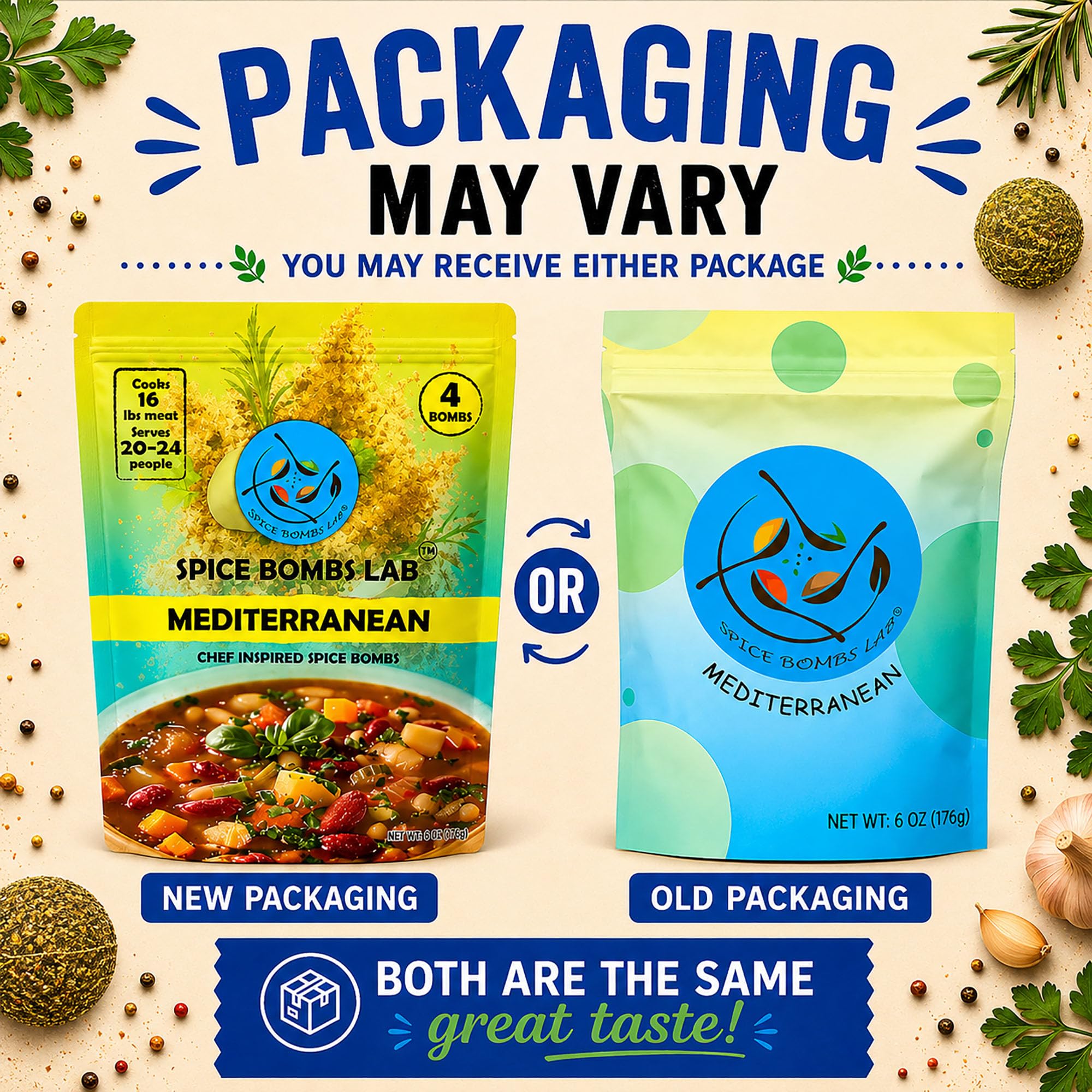Mediterranean Spice Bombs Seasoning Pack of 4 - Chef-Crafted All-Purpose Spice Mix, Drop-In Flavor for Soups, Stews & Marinades, Pre-Portioned