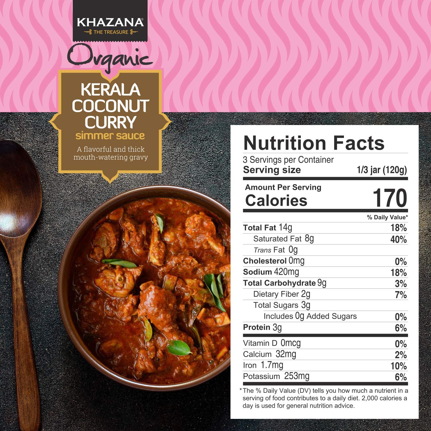 Khazana ORGANIC Kerala Coconut Curry Indian Simmer Sauce - 6 x 12.7oz Jars | Non-GMO, Vegan, Gluten Free, Kosher | Authentic Indian Meals Made Easy at