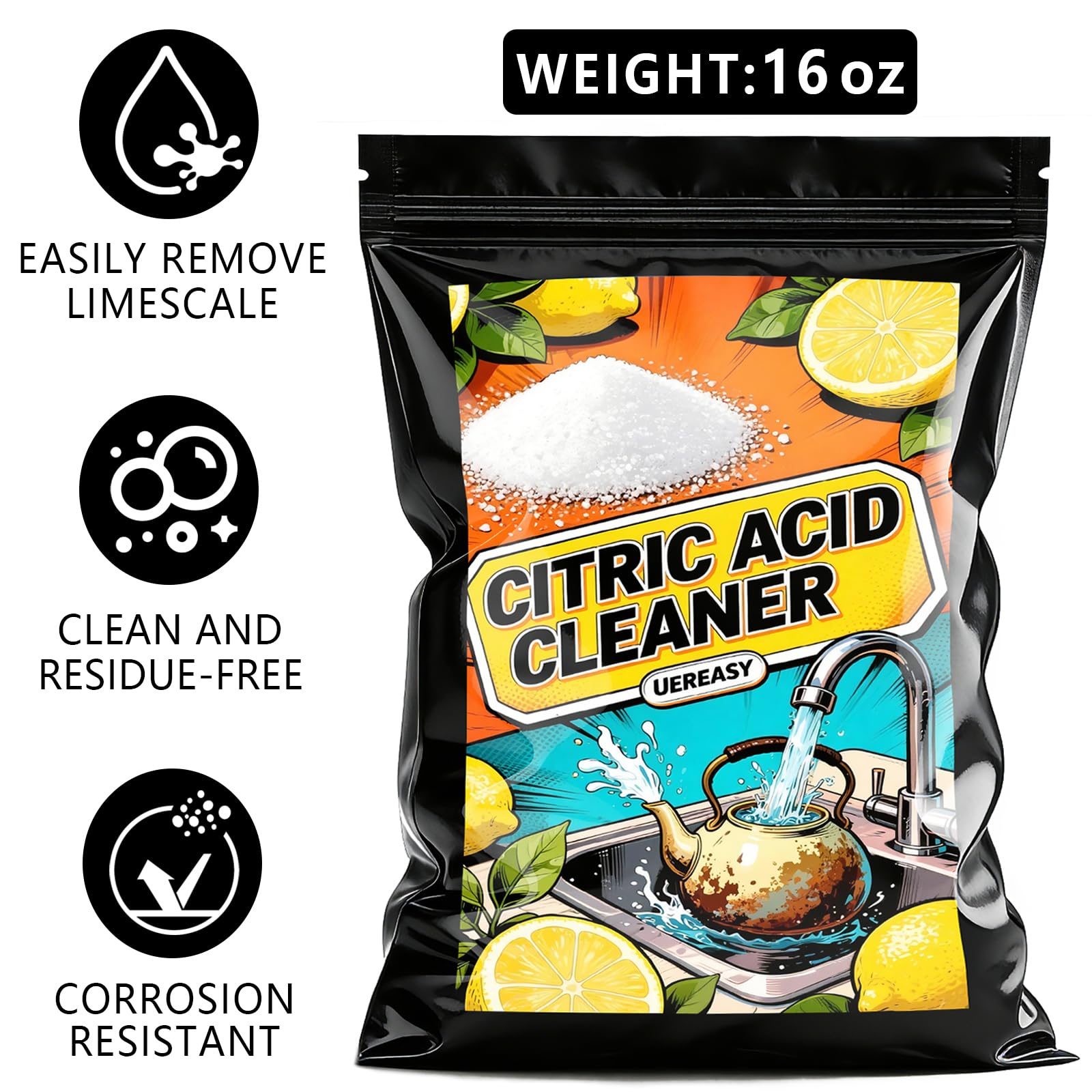 uereasy Distiller Descaler Citric Acid Cleaner, 16 oz Bulk for Cleaning Water Distillers, Pure Citric Acid Crystals Universal Residue Descaling