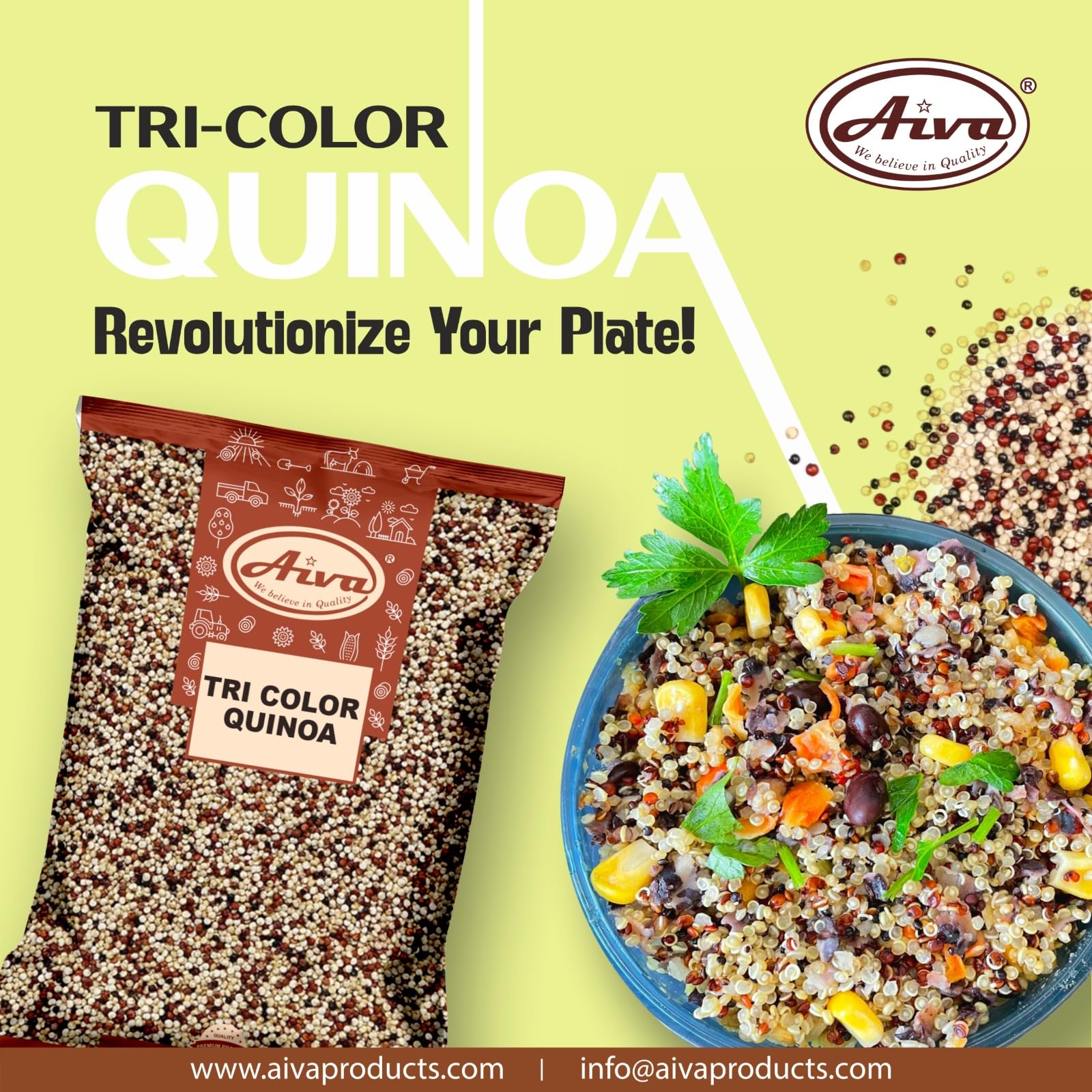 Aiva Tri Color Quinoa Seeds | White Red Black Quinoa Blend | Whole Grain Quinoa Mix | Cooking Ingredient | Ready to Use (25 lb Bulk)