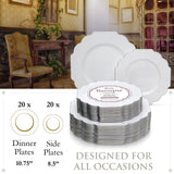 PARTY DISPOSABLE 40 PC PLASTIC PLATE SET | 20 Dinner Plates | 20 Side Plates | Heavyweight Plastic Dishes | Elegant Fine China Look | for Upscale