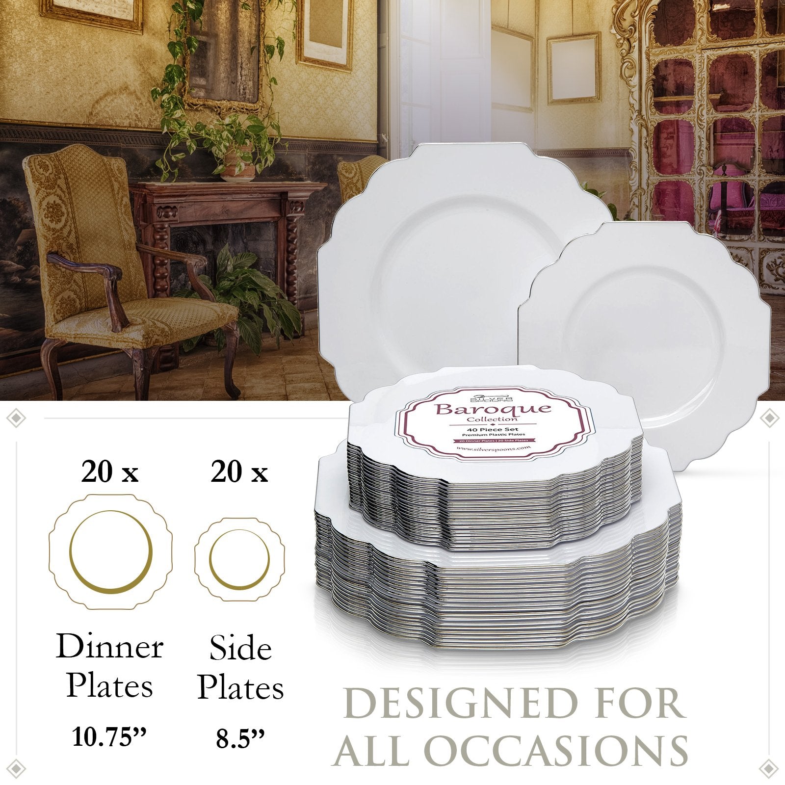 PARTY DISPOSABLE 40 PC PLASTIC PLATE SET | 20 Dinner Plates | 20 Side Plates | Heavyweight Plastic Dishes | Elegant Fine China Look | for Upscale