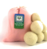 Six Eco-Friendly Wool Dryer Balls Free Eco-Felt Gift Bag, Handmade in America, Natural and Unscented, (Baby Pink)
