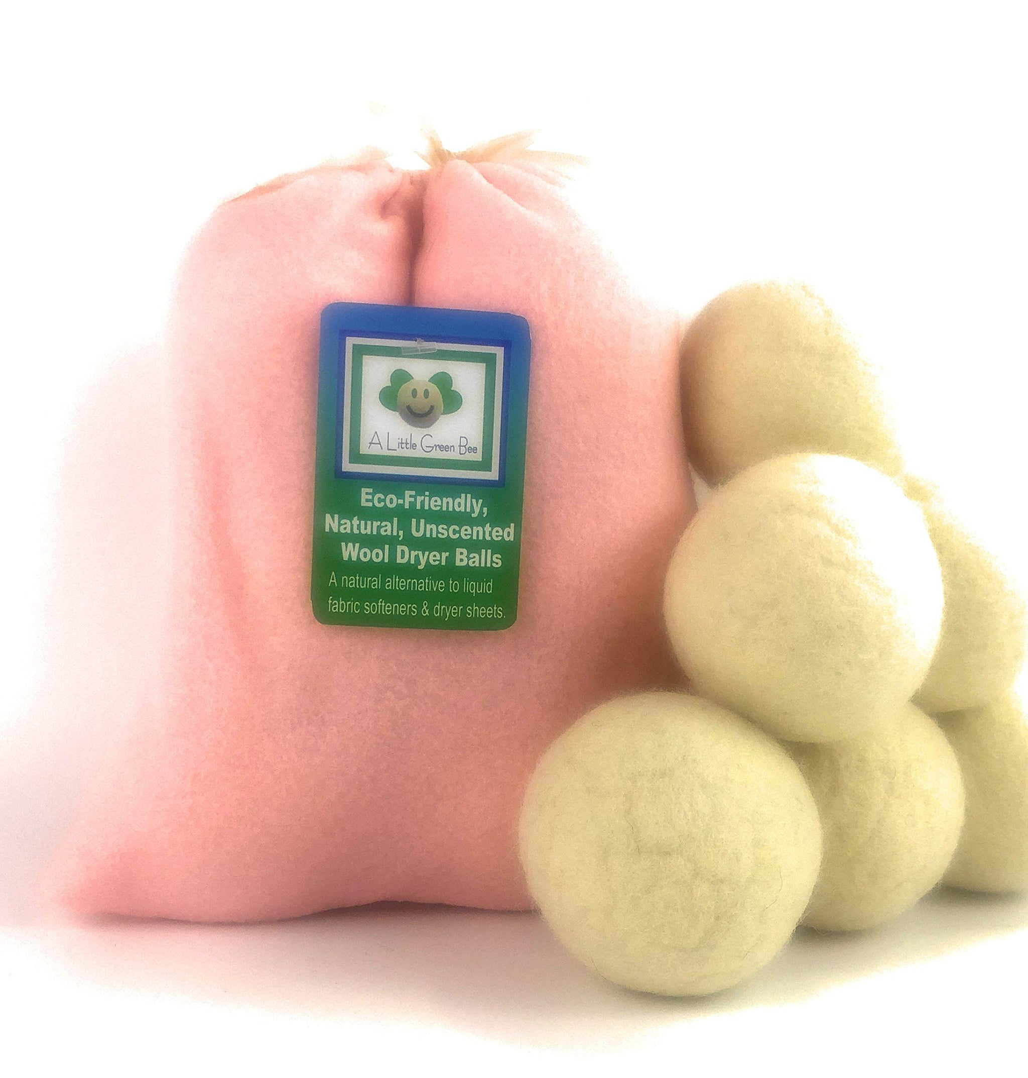 Six Eco-Friendly Wool Dryer Balls Free Eco-Felt Gift Bag, Handmade in America, Natural and Unscented, (Baby Pink)