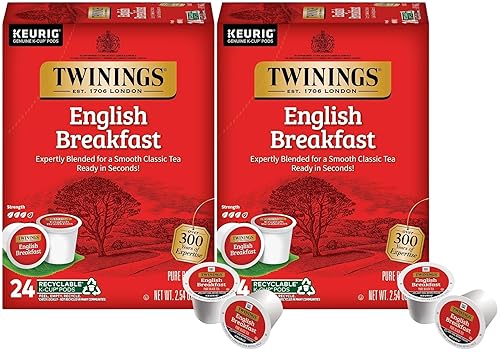 Twinings English Breakfast Black Tea K-Cup Pods for Keurig, 24 Count (Pack of 2), Smooth, Flavourful, Robust, Caffeinated, Enjoy Hot or Iced