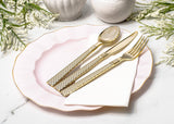 Lillian Tablesettings 32-Piece Pink Plastic Plates Set, 16×10" Dinner & 16×7" Salad Plates, Heavyweight Disposable Plates with Gold Rim, Elegant Petal