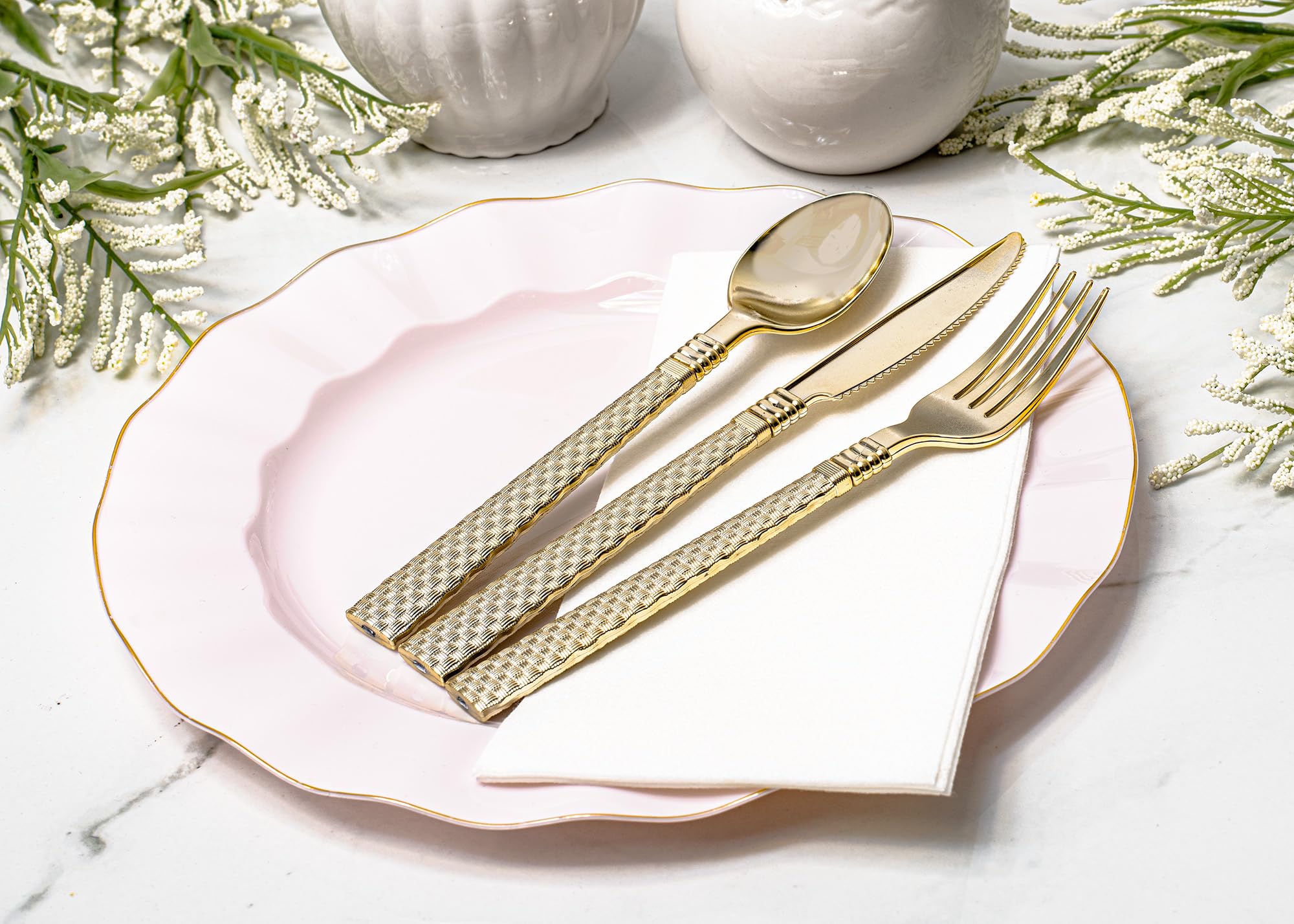 Lillian Tablesettings 32-Piece Pink Plastic Plates Set, 16×10" Dinner & 16×7" Salad Plates, Heavyweight Disposable Plates with Gold Rim, Elegant Petal