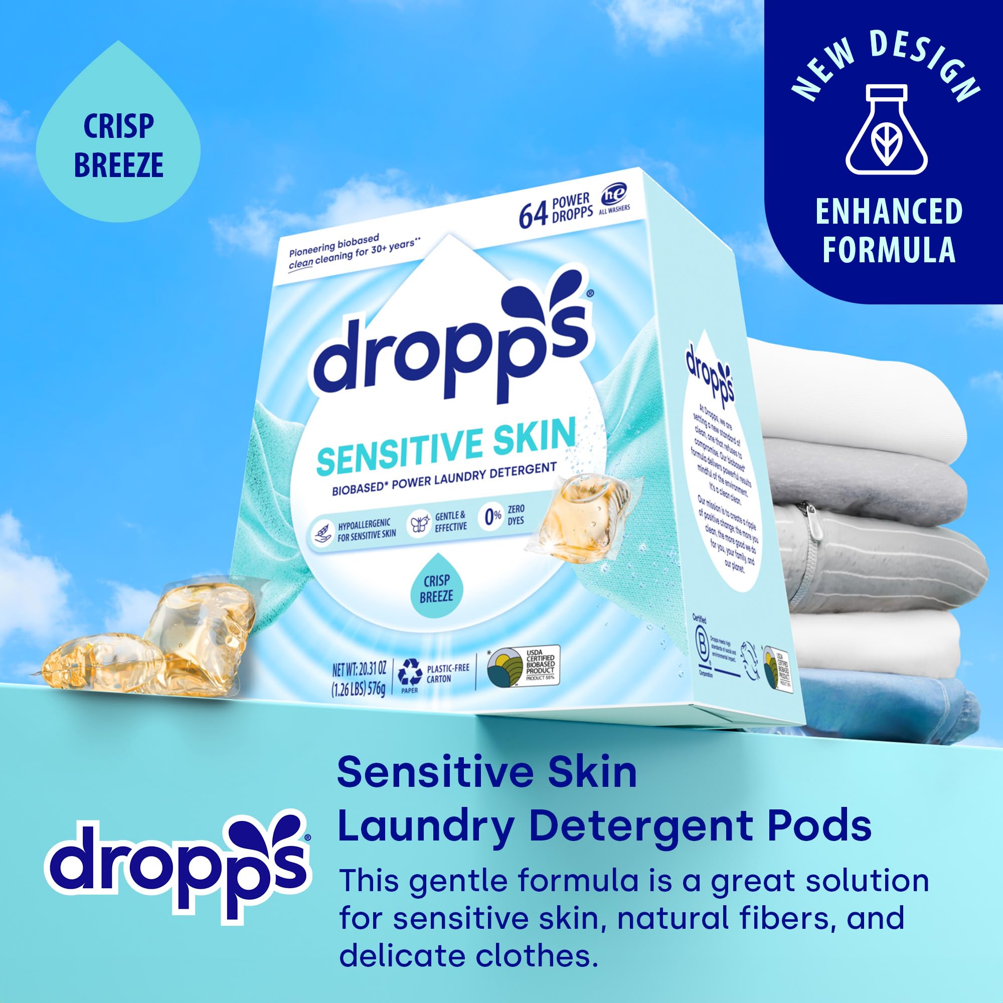 Dropps Sensitive Skin Laundry Detergent Pods, Crisp Breeze (64 Count) - Hypoallergenic & Dermatologist Tested | Dye Free | Laundry Pods for Sensitive