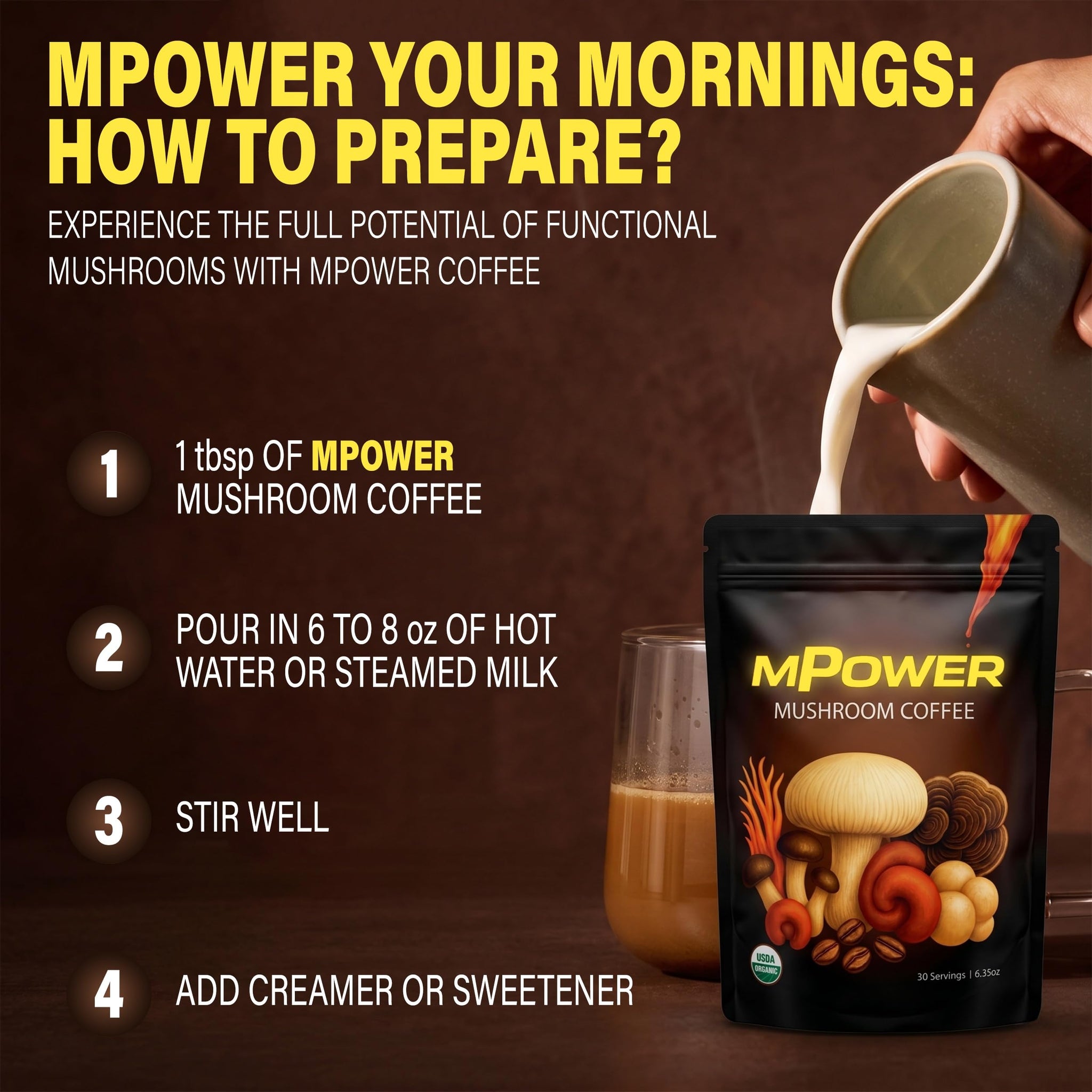 FuelMPOWER Mushroom Coffee USDA Organic - Adaptogenic 6 Mushroom Blend with Lion’s Mane, Cordyceps, Reishi & Turkey Tail - Smooth Energy, Focus & No