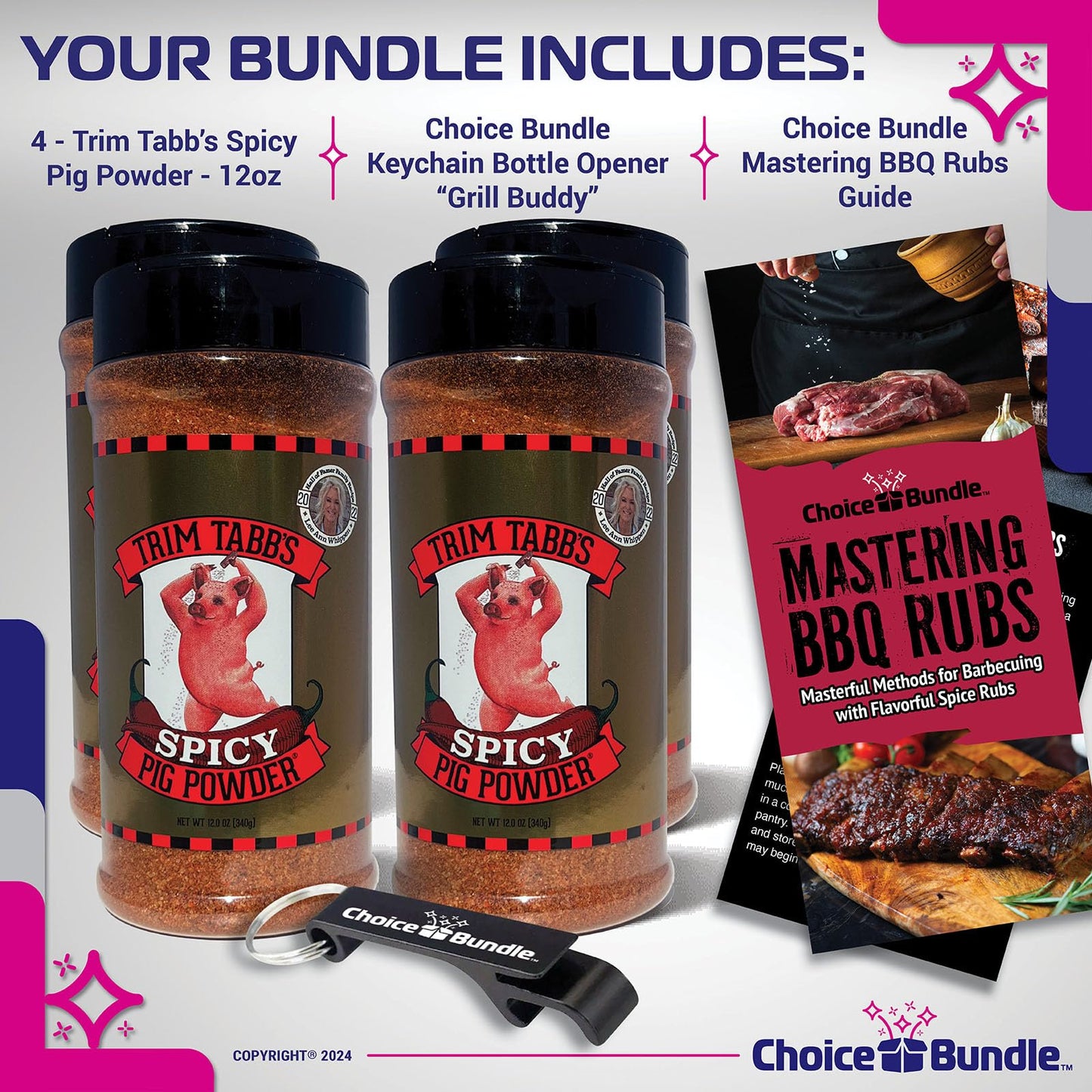 Trim Tabb’s Spicy Pig Powder Premium BBQ Barbecue Rub & Seasoning 4 Pk (48 oz) + BBQ Masters & Opener (6 Items)!