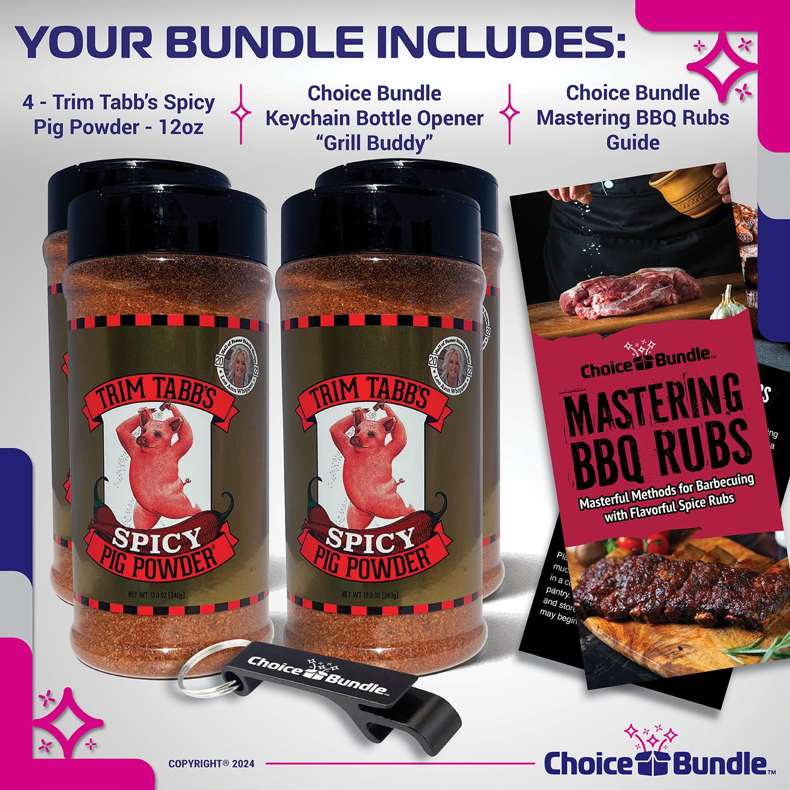 Trim Tabb’s Spicy Pig Powder Premium BBQ Barbecue Rub & Seasoning 4 Pk (48 oz) + BBQ Masters & Opener (6 Items)!