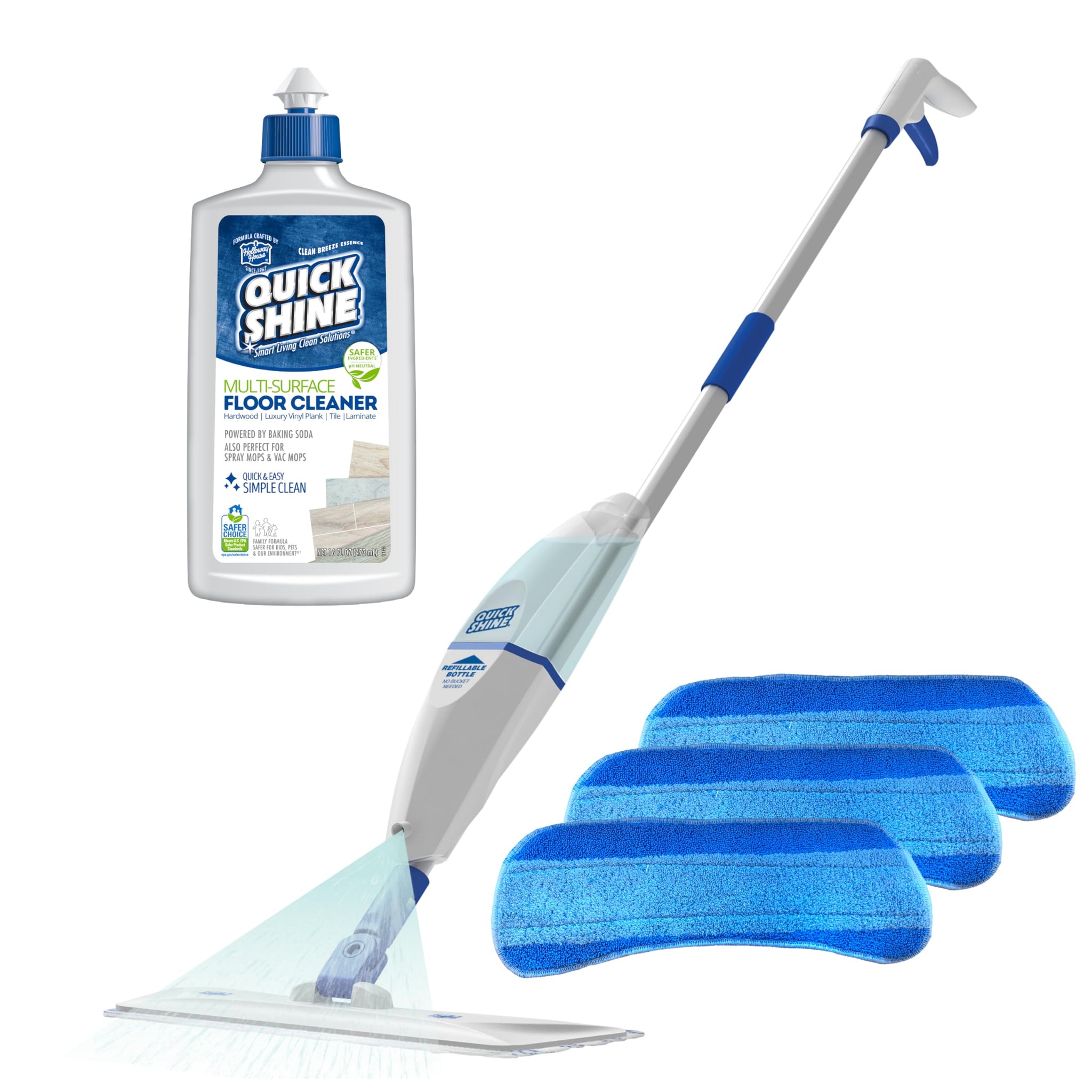 Quick Shine Spray Mop Kit with 3 Reusable Mop Pads & 1 Safer Choice Multi-Surface Floor Cleaner 16oz | Quick & Easy Cleaning | No Batteries Required |