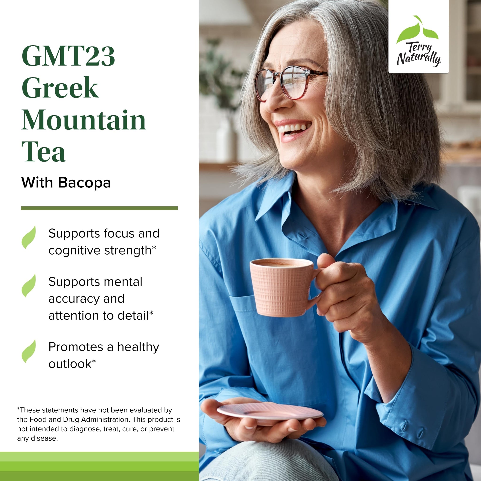 Terry Naturally GMT23 Greek Mountain Tea Plus Bacopa - Dietary Supplement for Focus Support - Brain Health Supplement for Attention to Detail - Herbal