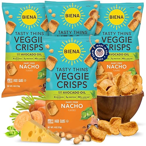 BIENA Tasty Thins Veggie Crisps - Made with Avocado Oil - Nacho, 4-Pk 4oz Bags - Chickpeas & Veggies, Vegan, Gluten Free, Dairy-Free, Non-GMO