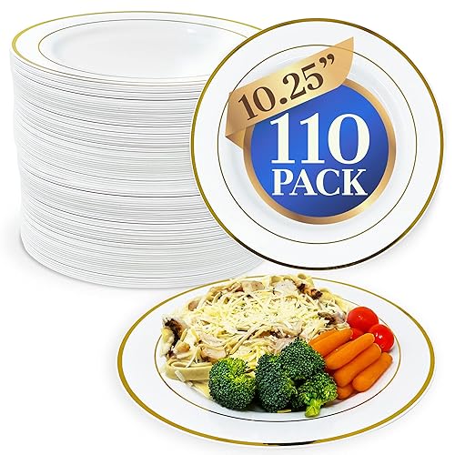 Reli. 110 Pcs Plastic Dinner Plates, Disposable (10.25 inch, White w/Gold Rim) Heavy Duty Plates for Party, Elegant Dinner, Wedding, Birthday | White