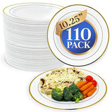 Reli. 110 Pcs Plastic Dinner Plates, Disposable (10.25 inch, White w/Gold Rim) Heavy Duty Plates for Party, Elegant Dinner, Wedding, Birthday | White