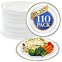 Reli. 110 Pcs Plastic Dinner Plates, Disposable (10.25 inch, White w/Gold Rim) Heavy Duty Plates for Party, Elegant Dinner, Wedding, Birthday | White
