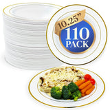 Reli. 110 Pcs Plastic Dinner Plates, Disposable (10.25 inch, White w/Gold Rim) Heavy Duty Plates for Party, Elegant Dinner, Wedding, Birthday | White