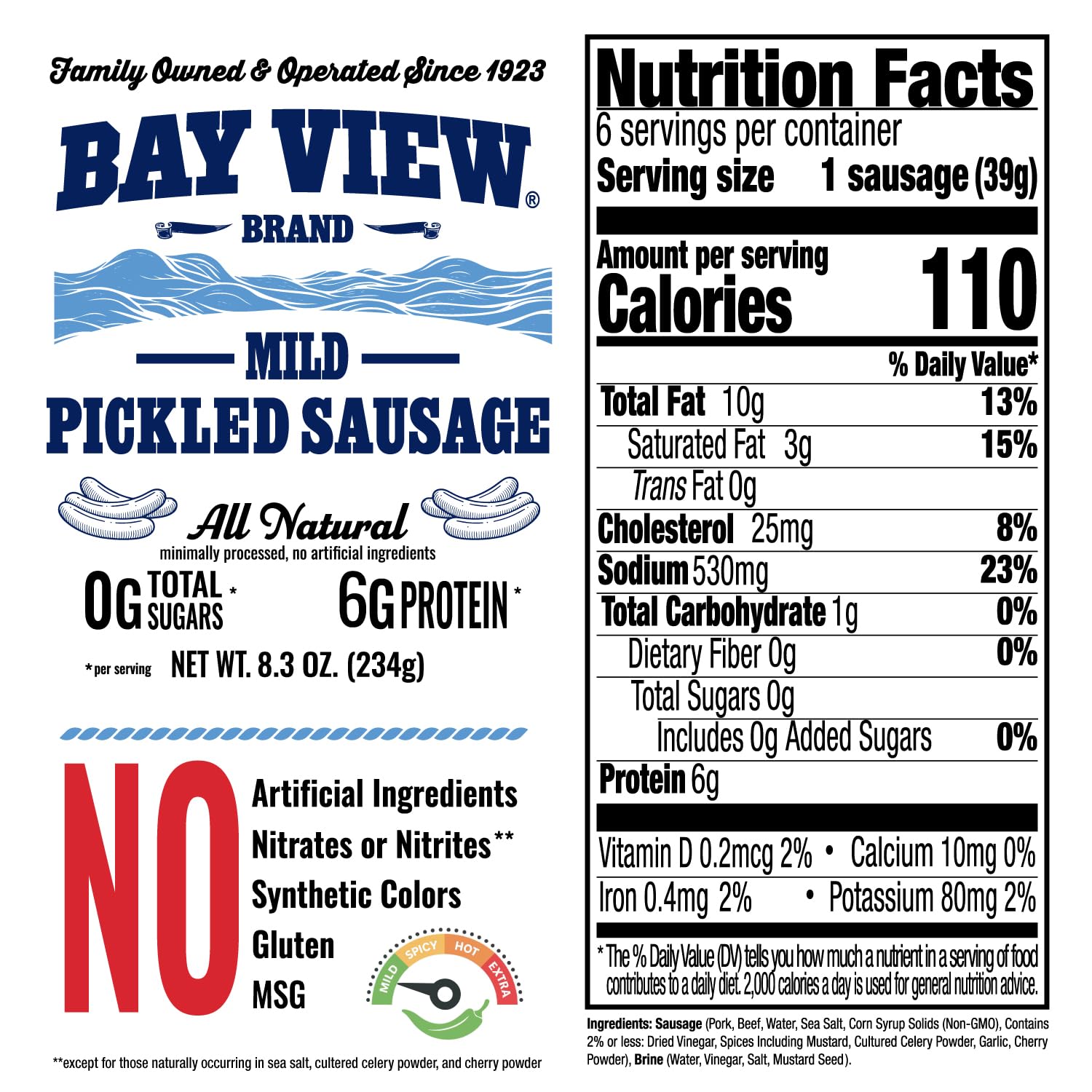 Bay View All Natural Pickled Sausage, No Artificial Ingredients, Nitrates or Nitrites, MSG and Gluten Free, Minimally Processed (8.3 Ounce, Mild)