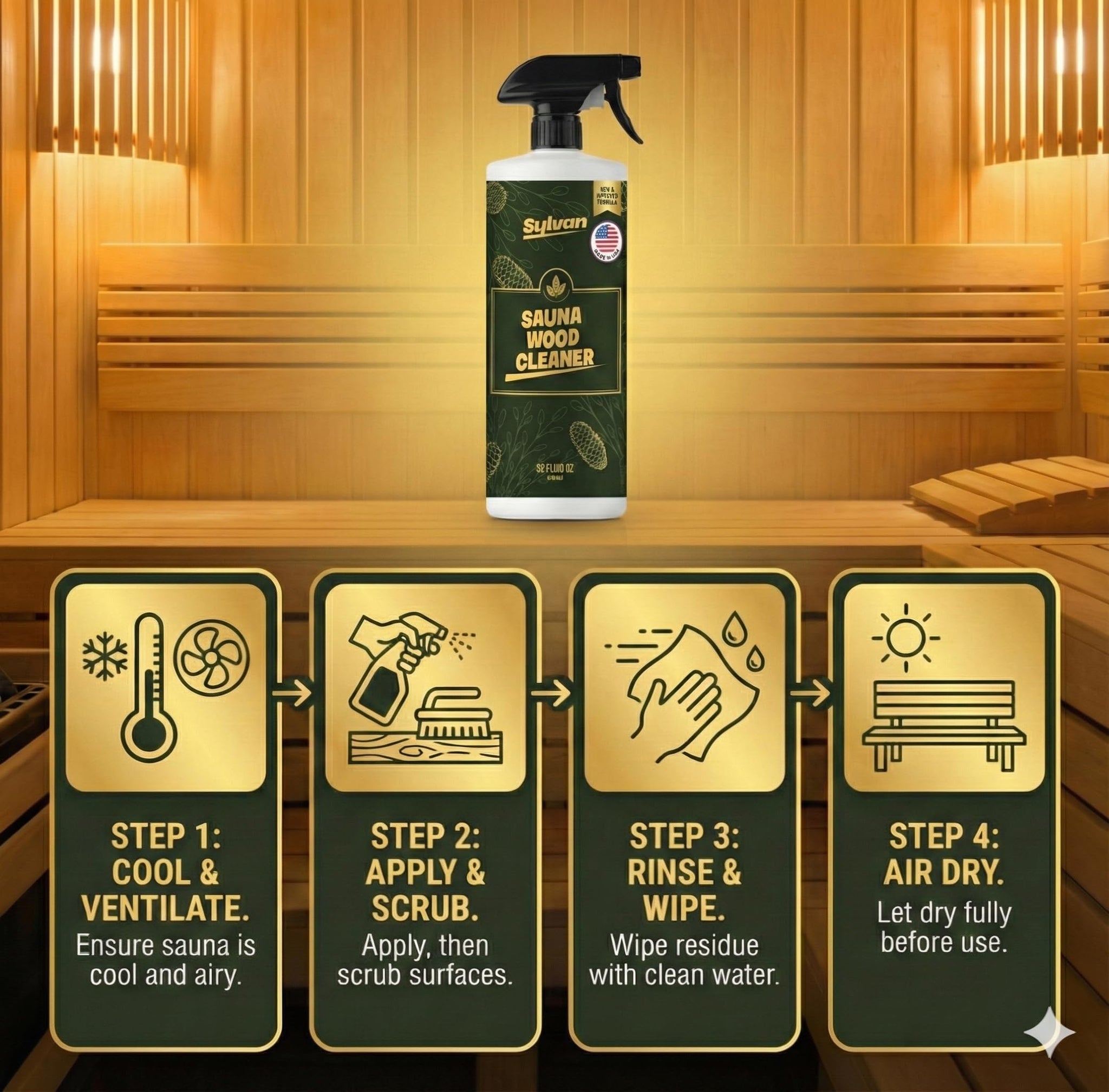 Sylvan Hills Sauna Wood Cleaner 32 oz | Made in the USA | Sauna Spray removes Stains, Sweat & Odors | Fast-Drying & Streak-Free Formula | Natural Wood