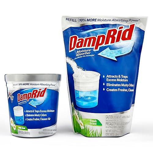 Damp Rid Moisture Absorber Refillable System - 44oz Damp Rid Refill Bag with 11oz Cup, Odor and Moisture Absorber for Closet, Bathroom & Home, Fresh