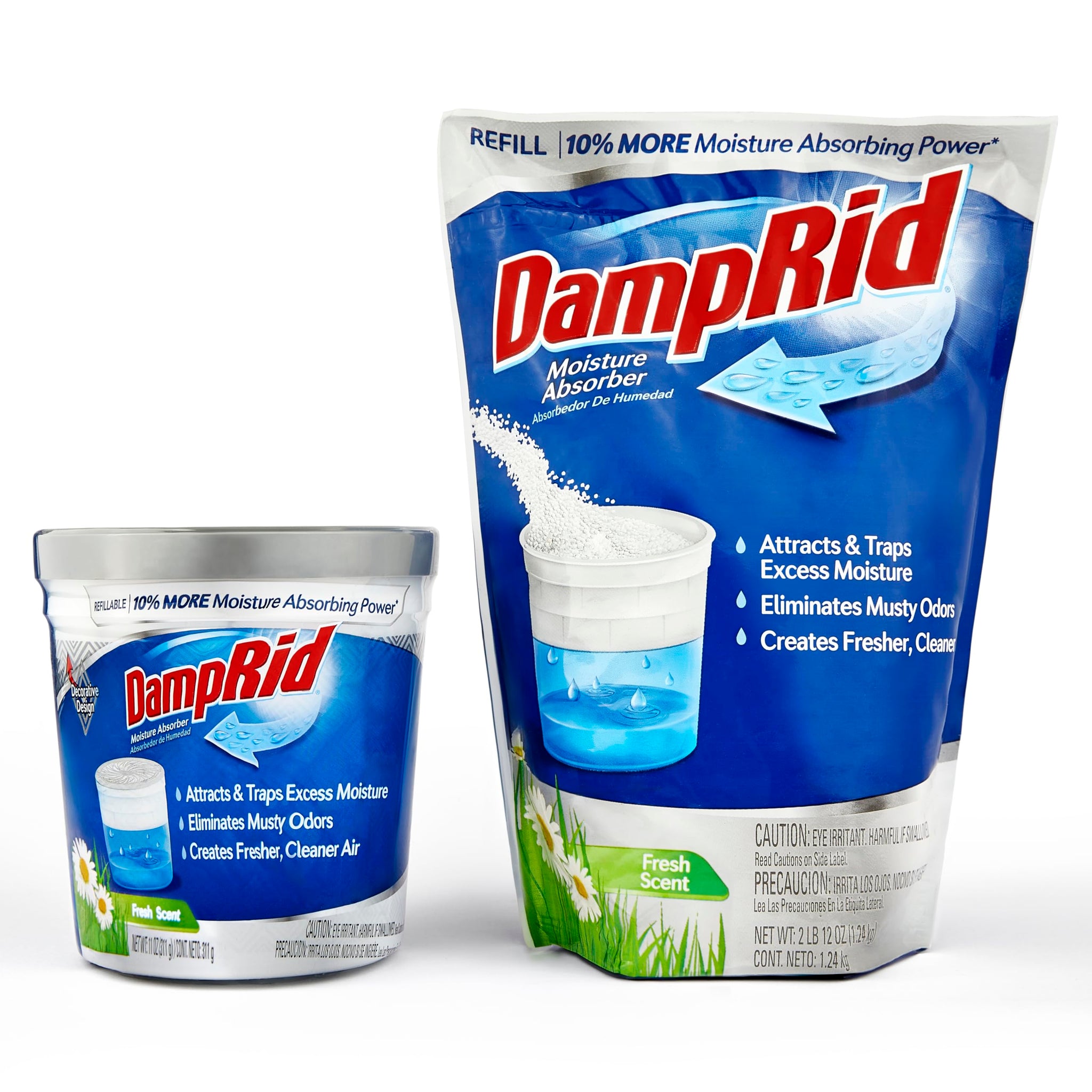 Damp Rid Moisture Absorber Refillable System - 44oz Damp Rid Refill Bag with 11oz Cup, Odor and Moisture Absorber for Closet, Bathroom & Home, Fresh