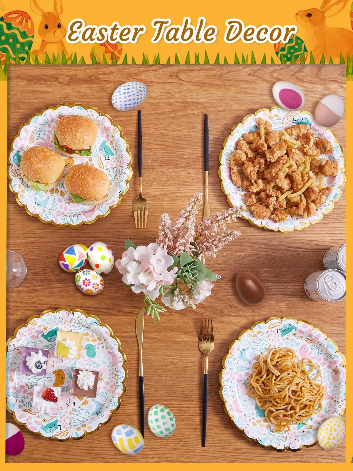 KTCNMER Easter Paper Plates Bulk 50 pcs 9 in Dinner Disposable Plates Heavy-duty for Easter Party Supplies, Gold Foil Scalloped Edge