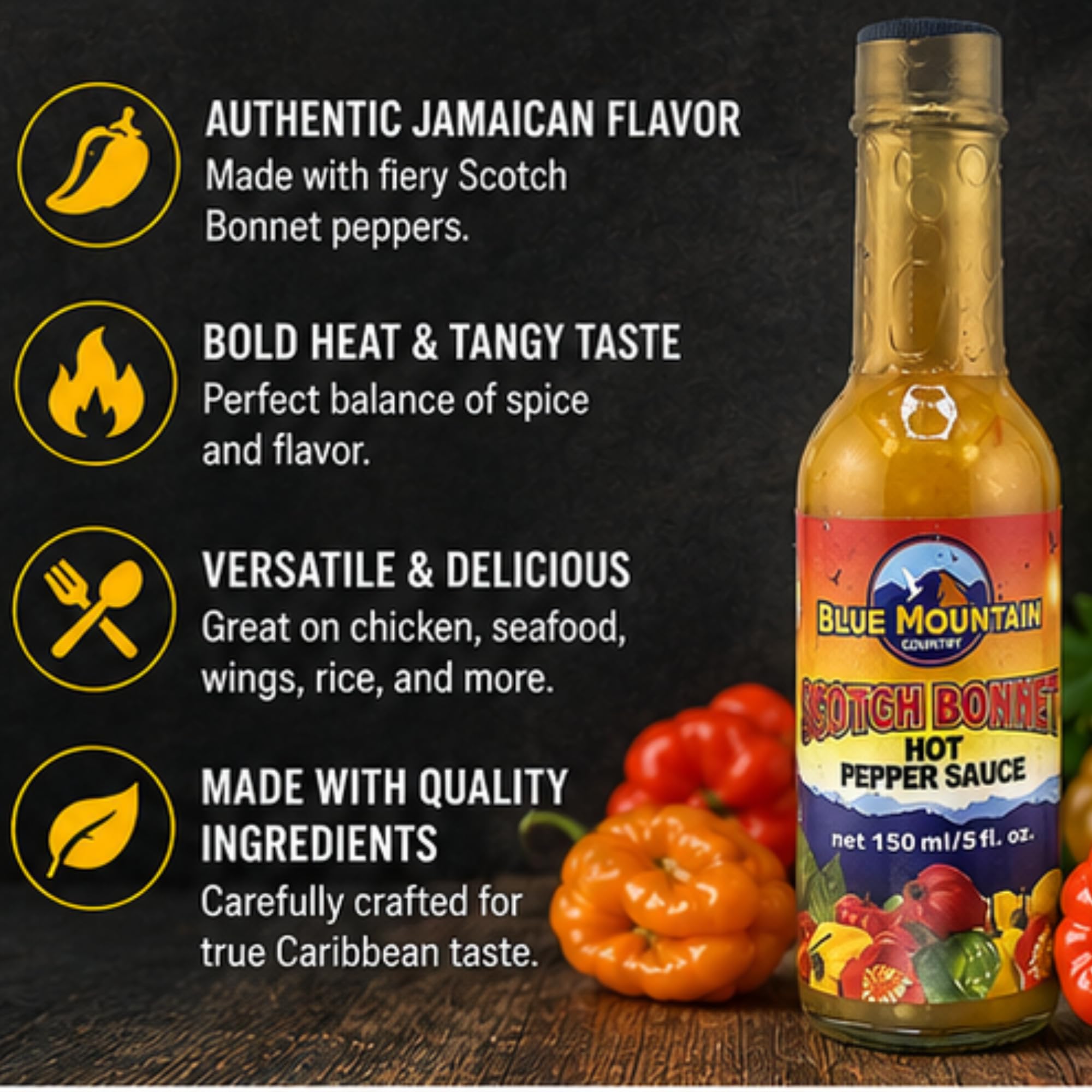 Blue Mountain Country Scotch Bonnet Hot Pepper Sauce, 5 fl oz - Authentic Jamaican Hot Sauce - Bold Caribbean Heat & Tangy Island Flavor for Chicken