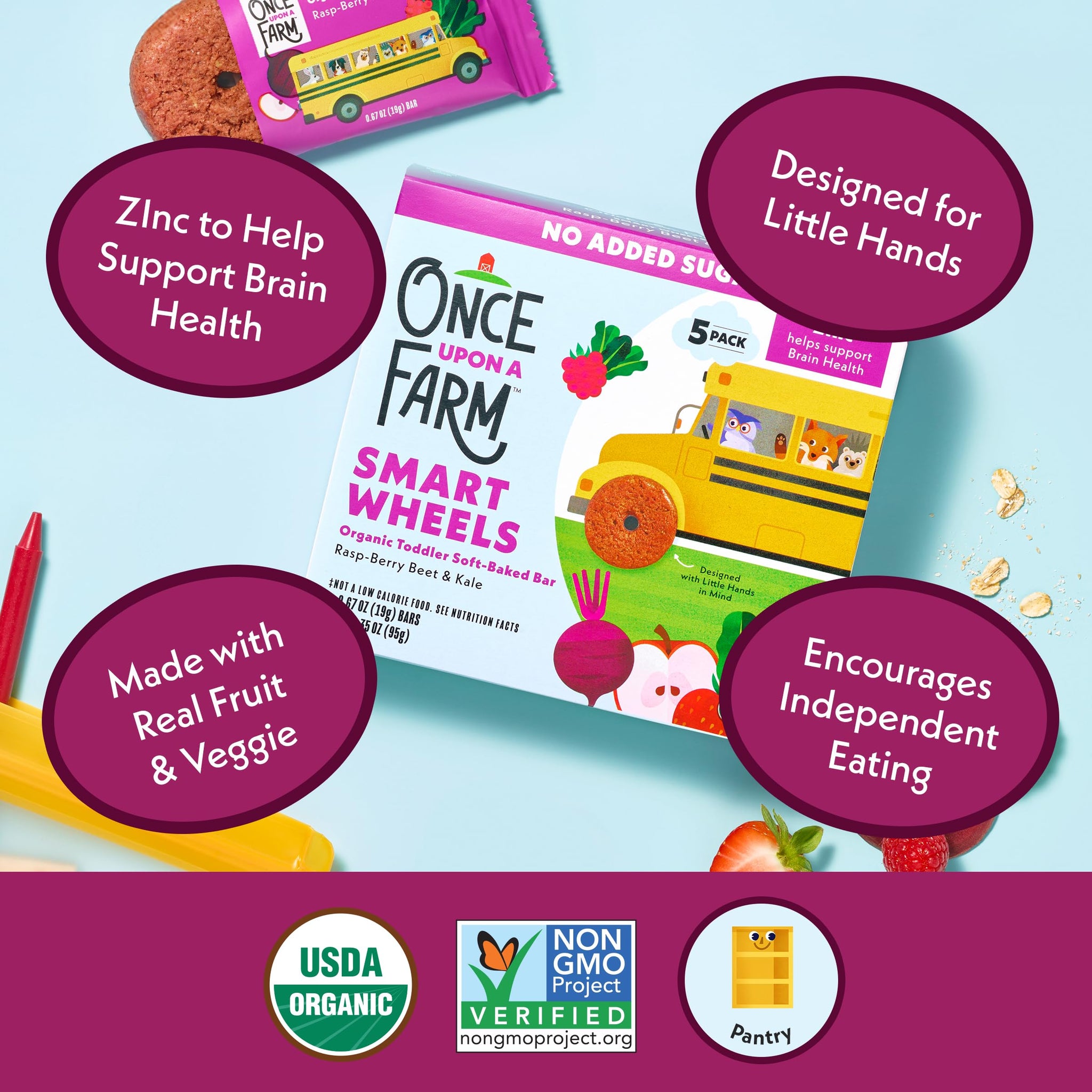 Once Upon a Farm Organic Smart Wheels Toddler Bar, Rasp-Berry & Kale, 5ct