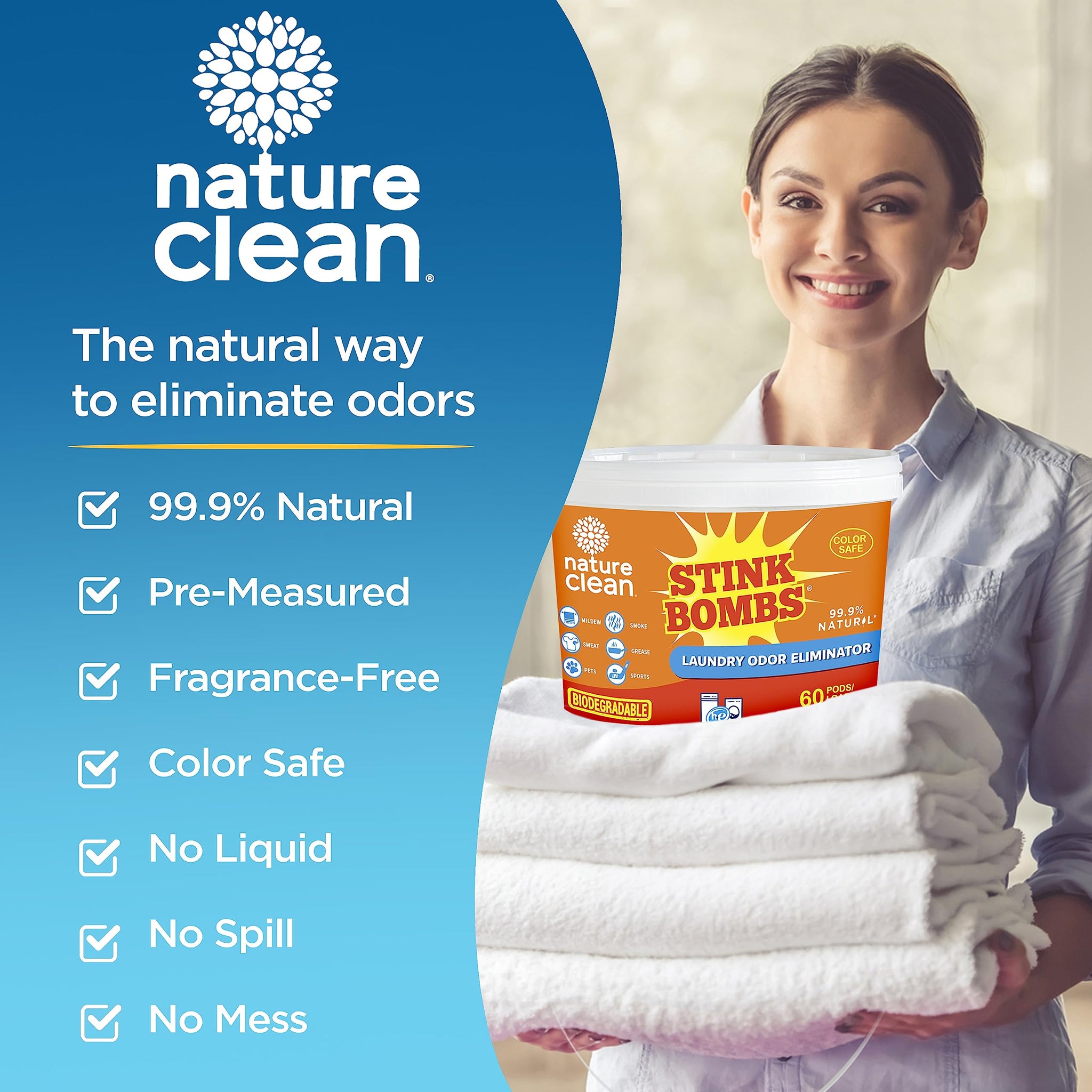 Nature Clean Stink Bombs Laundry Odor Eliminator Pods for Clothes, Removes Pet, Sweat, Grease, Mildew & Sports Odors, Laundry Deodorizer for Home Use