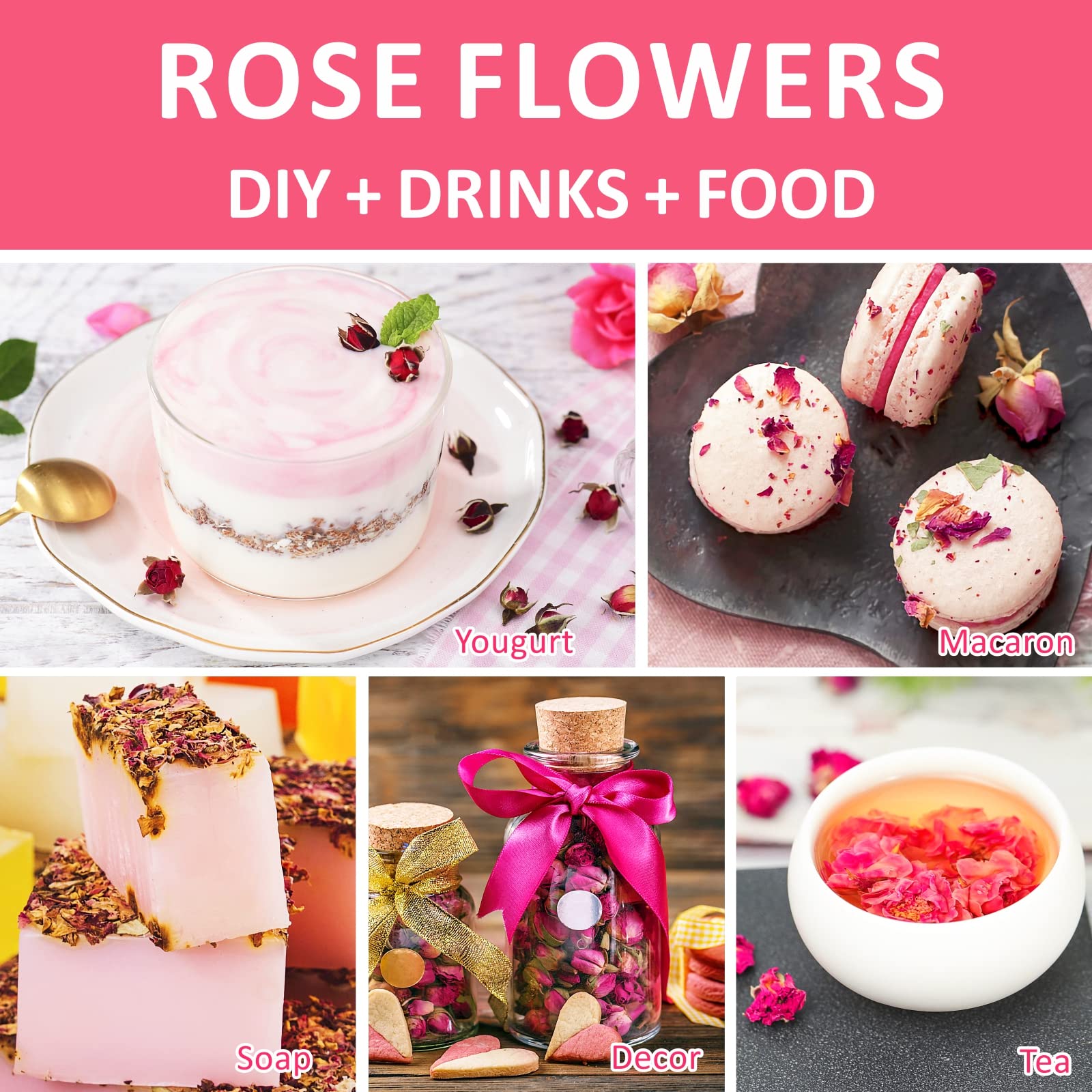Dried Rose Buds Tea, Edible Roses Whole Flowers Loose Leaf, Premium Rose Tea Beverages, Natural Fragrant, Ideal for Gift, 2.8 oz