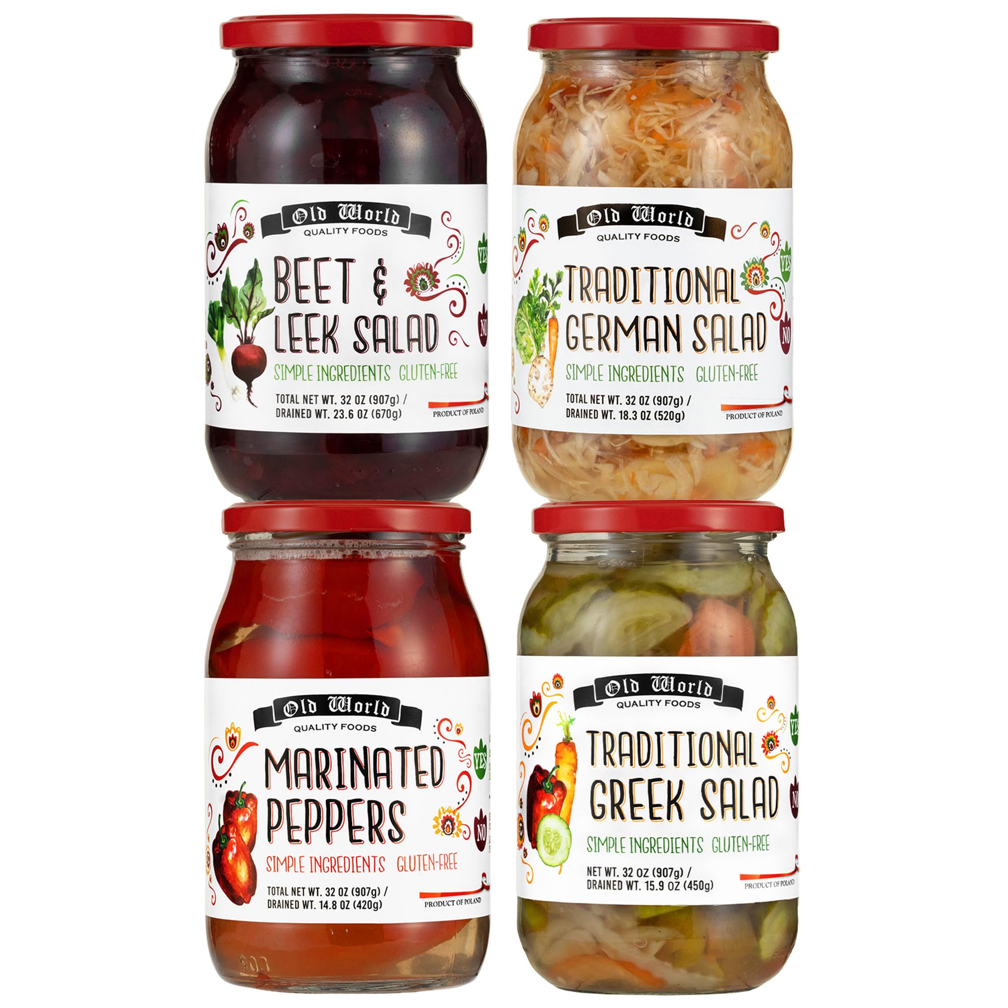 European Salad Set - Four 32 Oz Jars of Pickled Vegetables includes German Salad, Greek Salad, Beet & Leek Salad, and Marinated Peppers