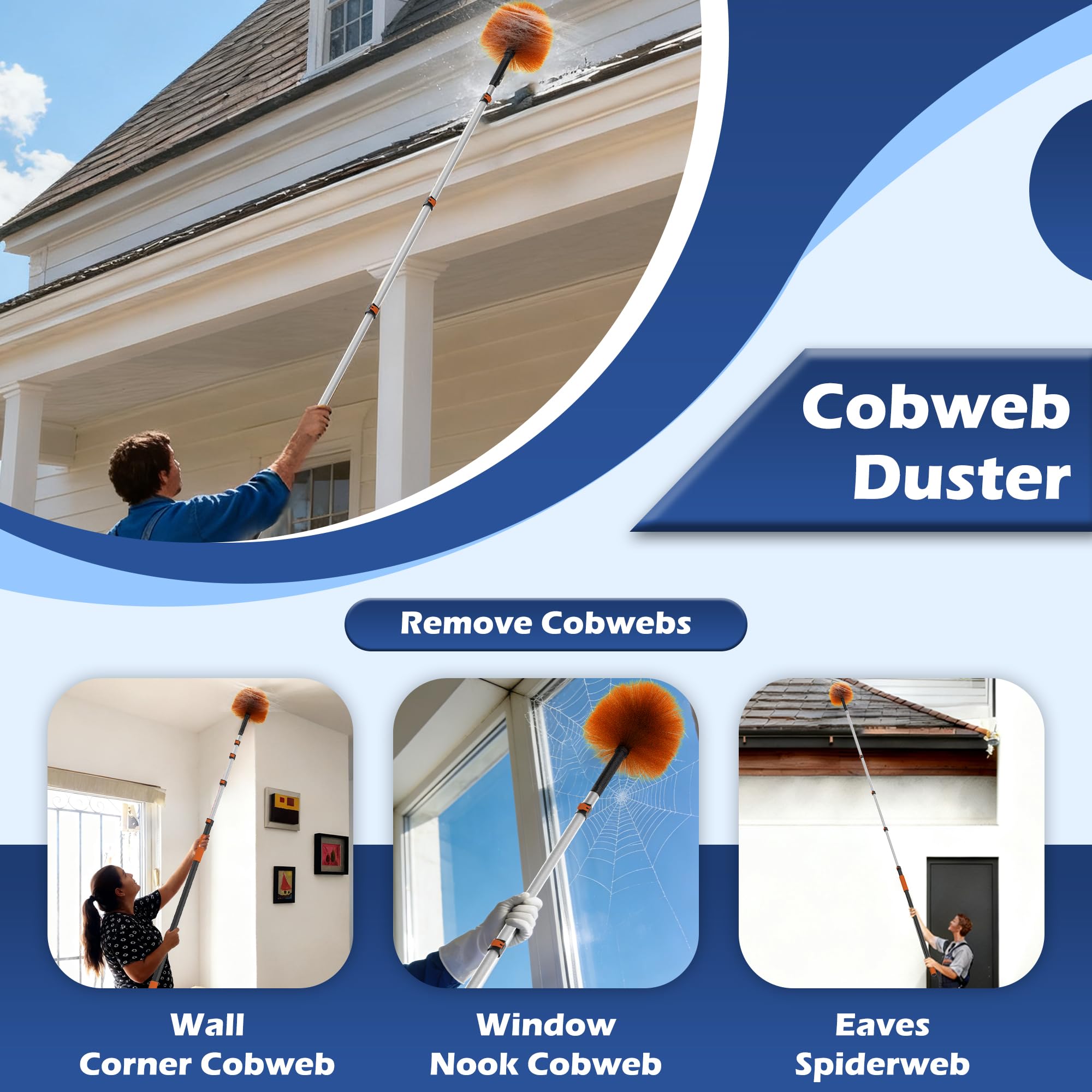 TONYINGO 26FT High Reach Duster Kits with 5-20FT Extension Pole, Cobweb Duster with Telescoping Pole, Washable Ceiling Fan Cleaner & Window Squeegee