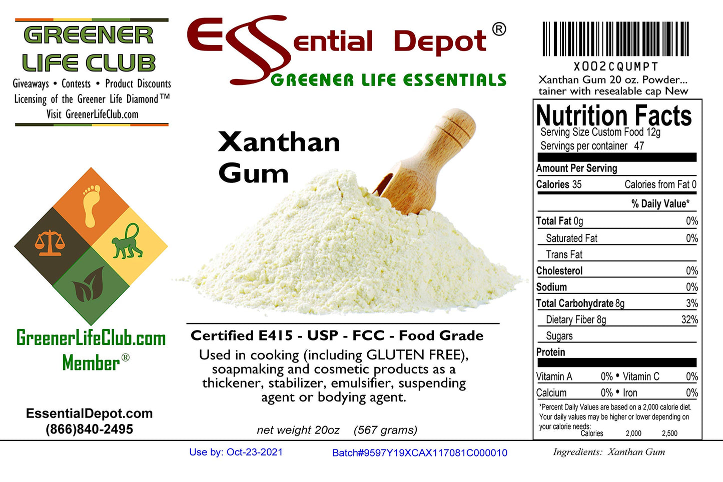 Essential Depot Xanthan Gum 20 oz. Powder USP FCC Food Grade - Gluten Free Cooking - Safety Sealed HDPE Container with Resealable Cap