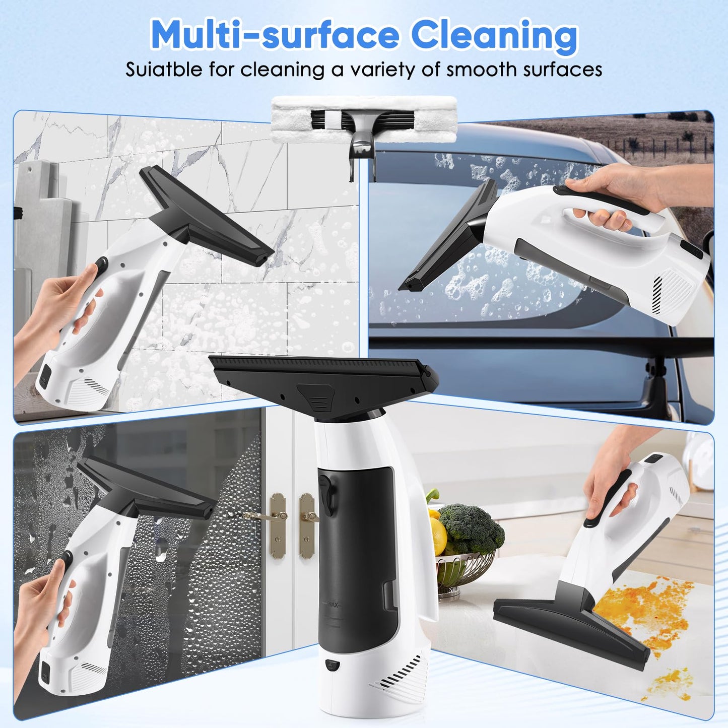 Window Vacuum Squeegee Cordless, Handheld Window Vac with Multi-Purpose Spray Bottle & Microfiber Cloth, Electric Cleaning Tool for Windows, Mirror