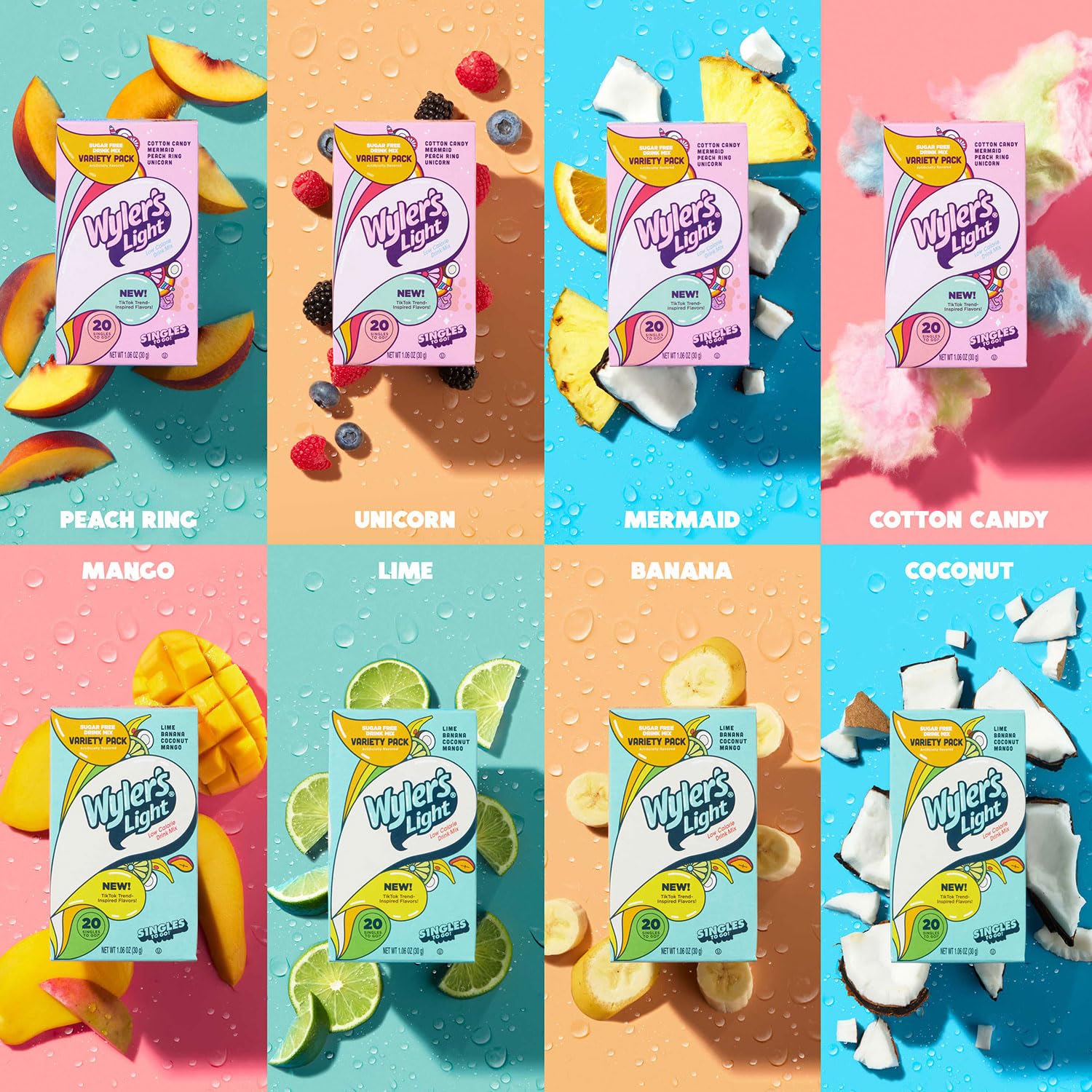 Wyler's Light Singles to Go Powder Packets, Water Drink Mix, Variety Pack, Watertok Fun Flavors, Cotton Candy, Mermaid, Peach Ring, Unicorn, Sugar