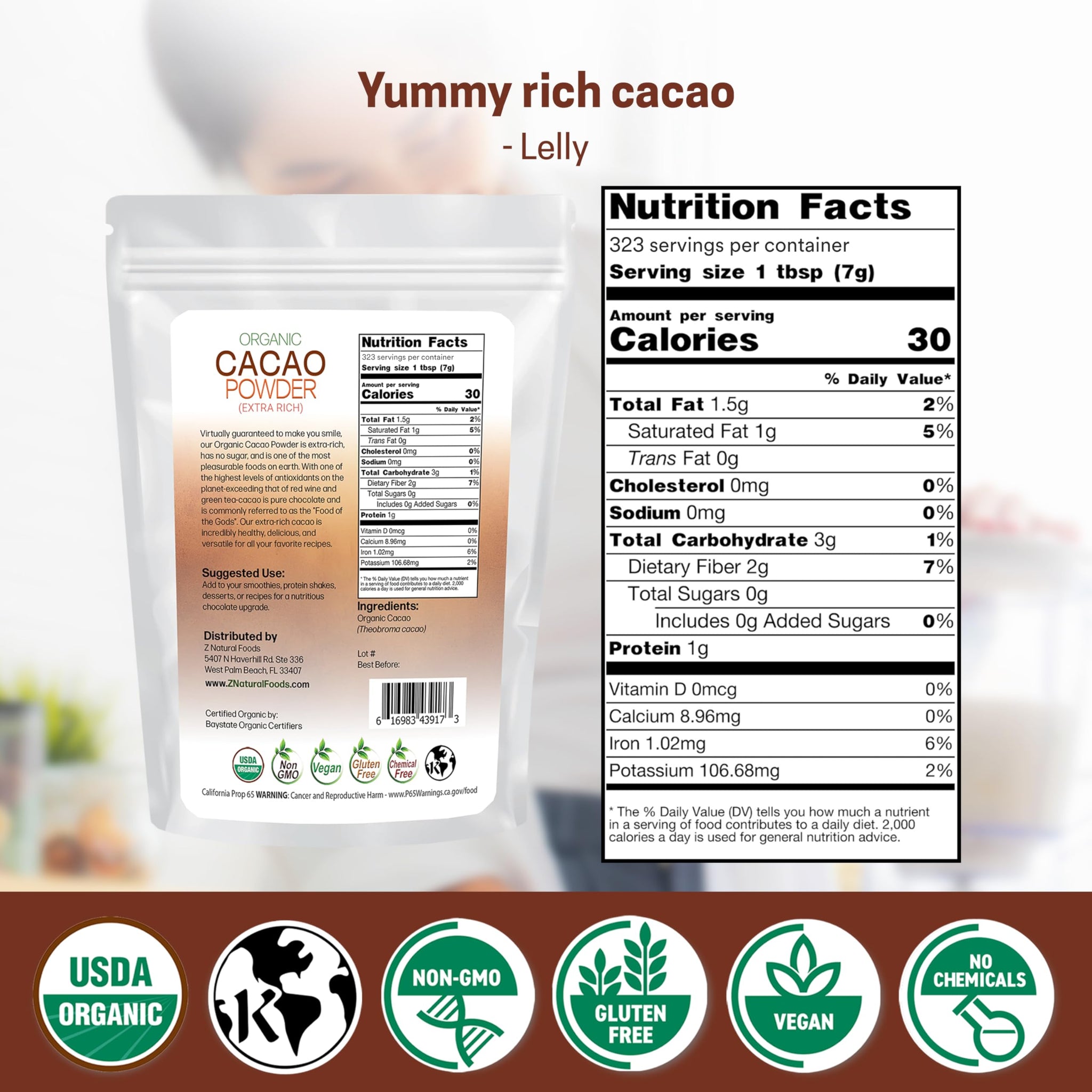Z Natural Foods Organic Cacao Powder - Unsweetened Nutrient-Dense Superfood for Healthy Aging - Extra-Rich Dark Chocolate Flavor Perfect for Chocolate Recipes, Shakes or Smoothies, 5 lbs