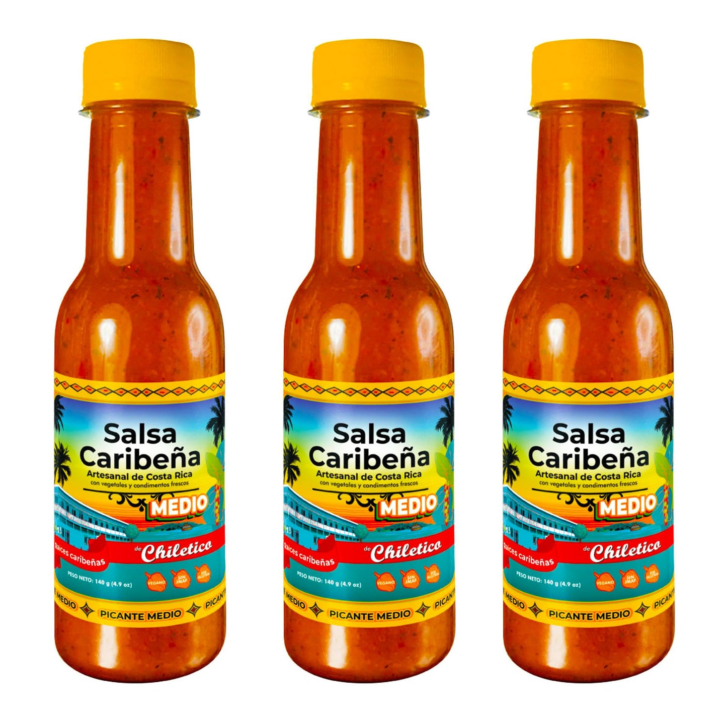 Chiletico Caribbean Medium Hot Sauce - 3-Pack of Authentic Costa Rican Salsa Picante - Balanced Heat with Fresh Vegetables and Spices - 4.9 oz Each
