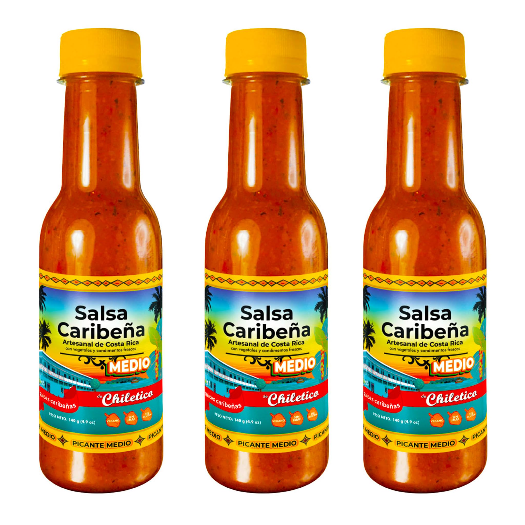 Chiletico Caribbean Medium Hot Sauce - 3-Pack of Authentic Costa Rican Salsa Picante - Balanced Heat with Fresh Vegetables and Spices - 4.9 oz Each