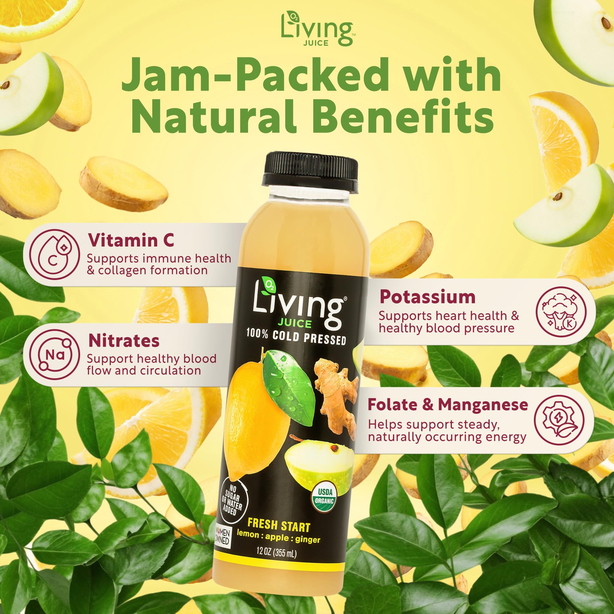 O2 Living Juice Cold Pressed Drink - Fresh Start Organic Juice Pack - No Added Sugars or Water, Naturally Sweetened from Fruits, Rich in Nutrients