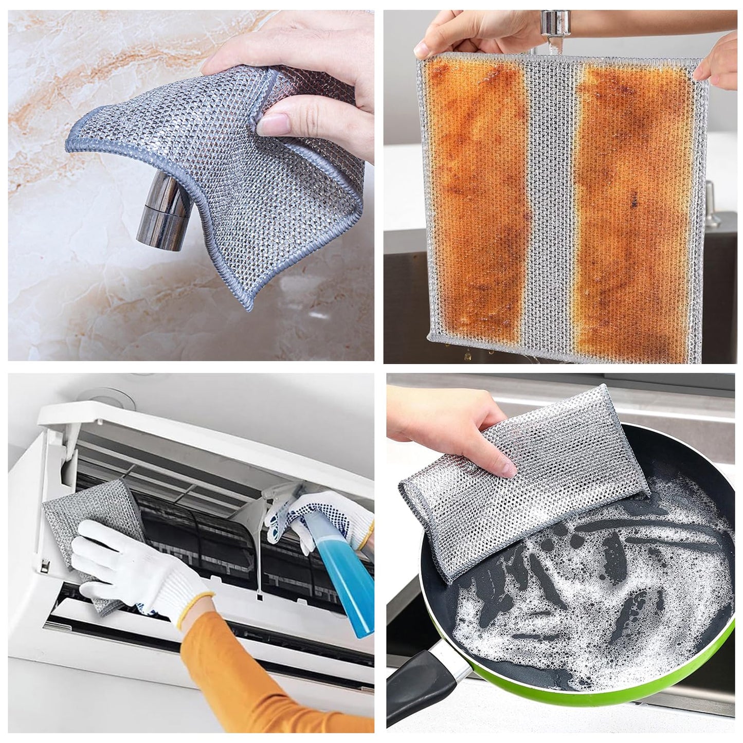YinQin 6 PCS Double Layer Stainless Steel Cleaning Cloth Non Scratch Steel Mesh Dishwashing Cloths 20x20 cm Quick Dry Two Layer Metallic Wire Dish