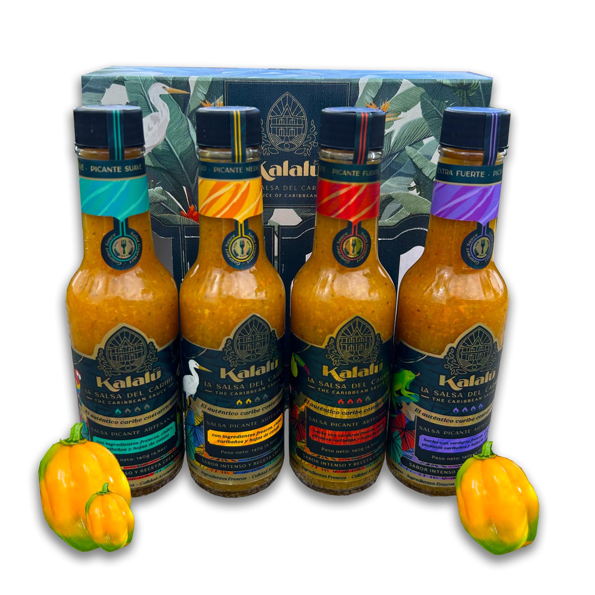 Kalalu Caribbean Hot Sauce Gift Set by Chiletico - 4-Pack Sampler (Mild, Medium, Hot, Extra Hot) - Authentic Costa Rican Flavors - 4.9 oz Each - Total