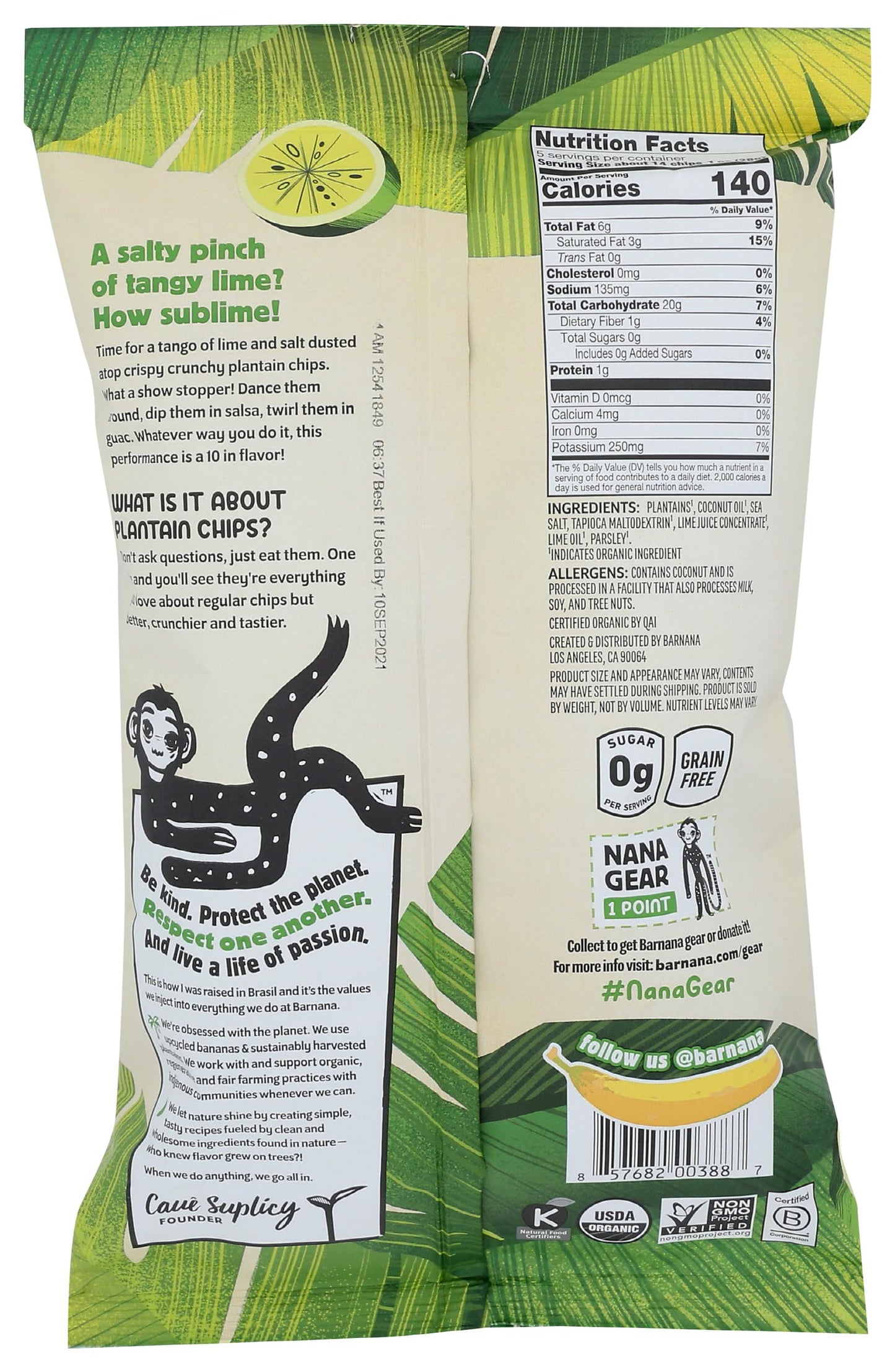Barnana, Plantain Chips, Organic, Acapulco Lime, 5 Oz, 1 Count