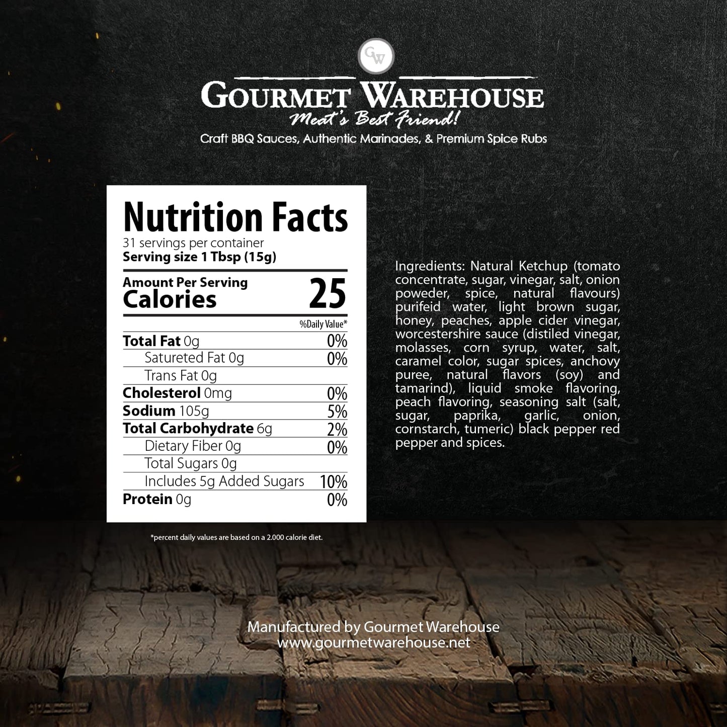 Gourmet Warehouse Smoky Peach BBQ Sauce, Handcrafted In Small Batches Gluten-Free, HFCS-Free, Delicious Sauce 16 Ounces Bottle (Pack of 2)