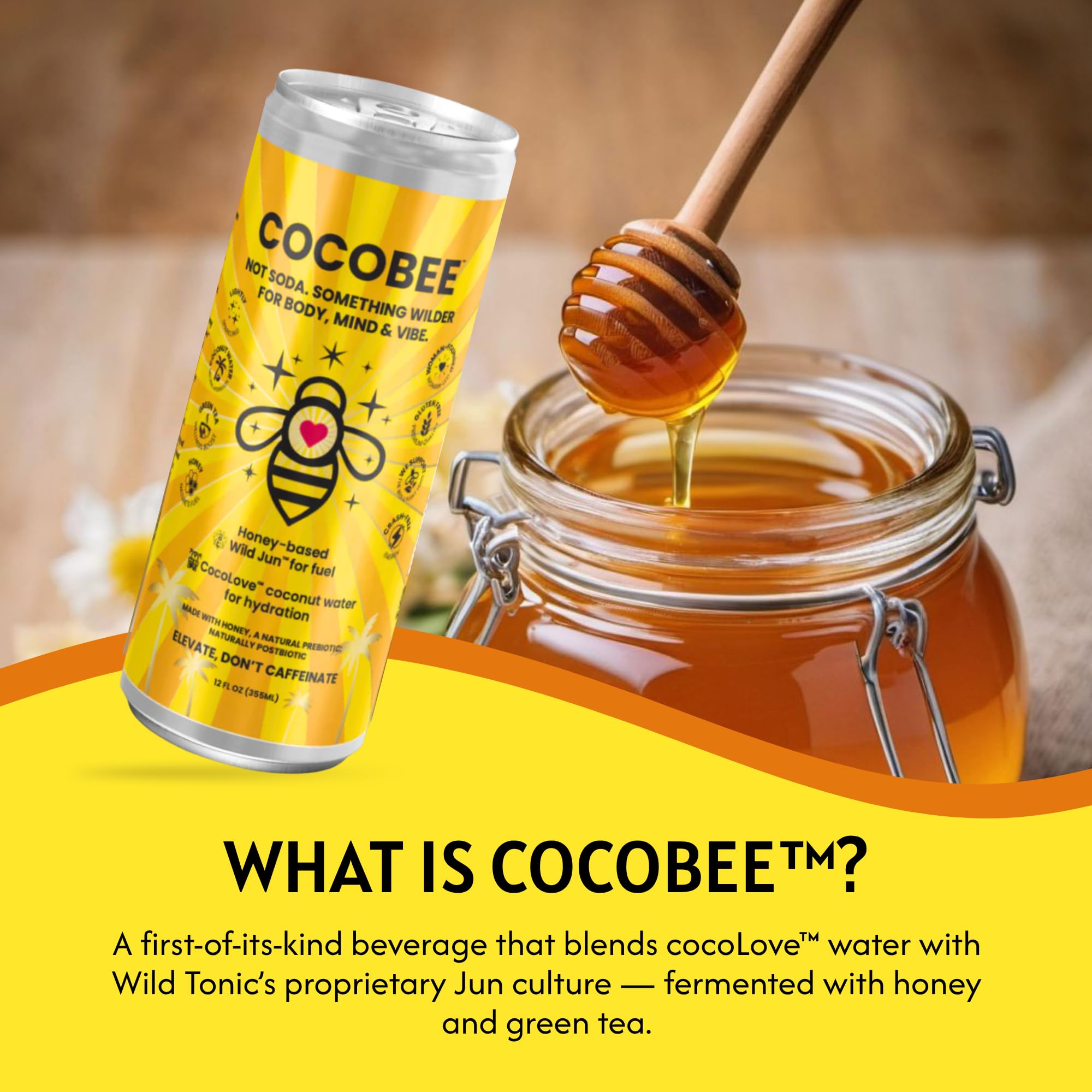 CocoBee Coconut Hydration + Energy Drink from Wild Tonic, 12 oz Each, 4 Pack, Made with Coconut Water, Organic Honey & Green Tea, Microbiome Support