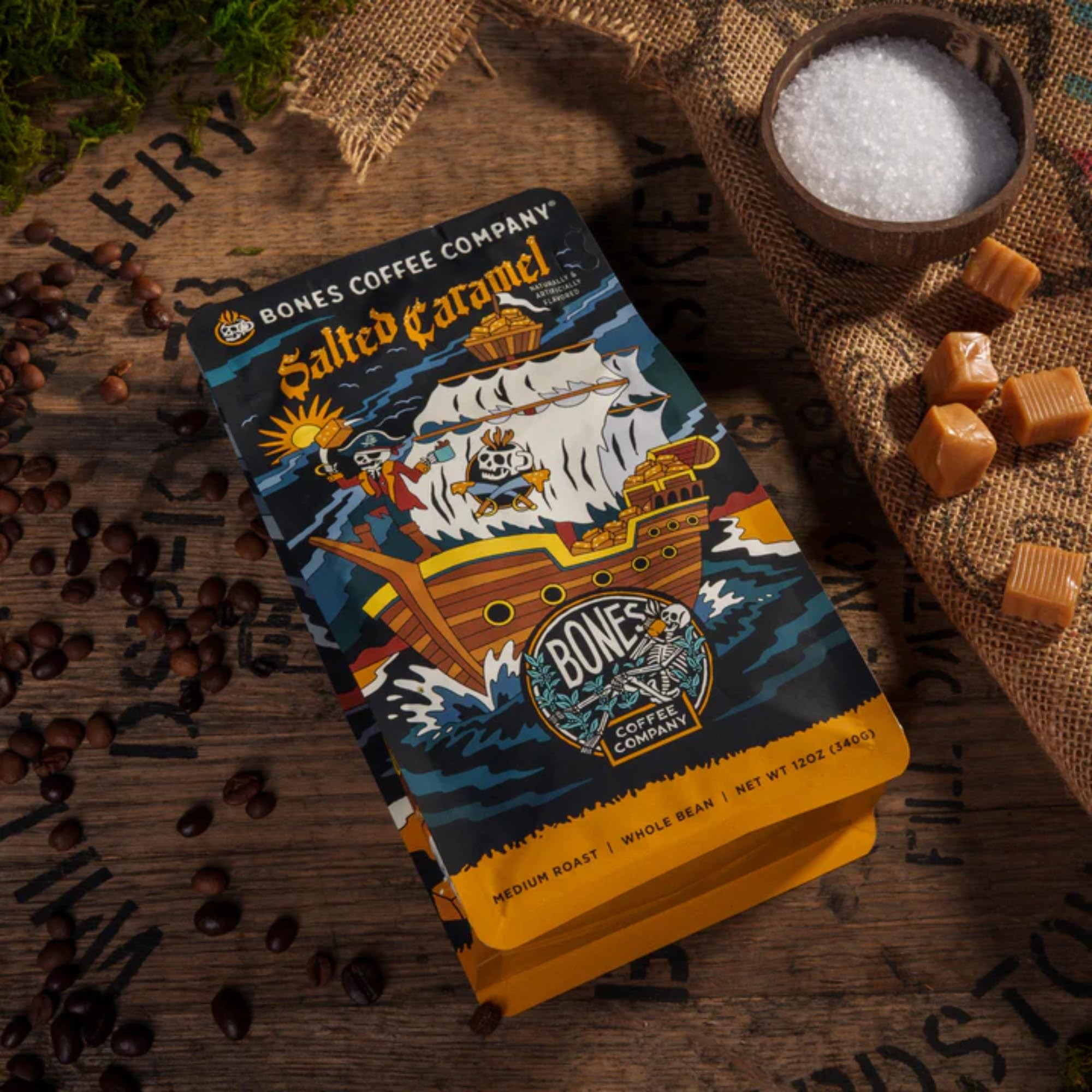 Bones Coffee Company Salted Caramel Flavored Coffee, Medium Roast Low Acid Arabica Beans Compatible with Auto drip and French Press Coffee Maker, 12