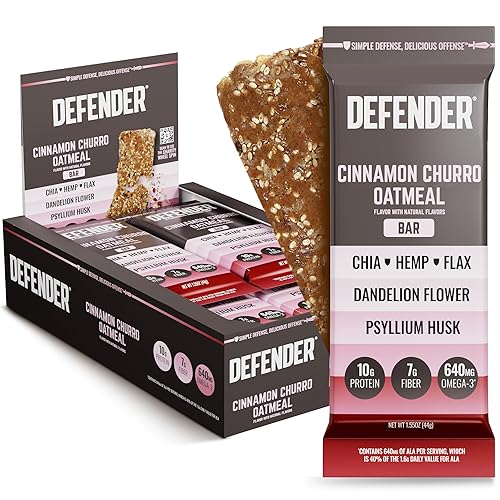 Defender Vegan Protein Bar, Cinnamon Churro Oatmeal, Plant Based Snack or Breakfast Bars, Psyllium Husk, Dandelion Root, High Fiber, Non GMO, Kosher