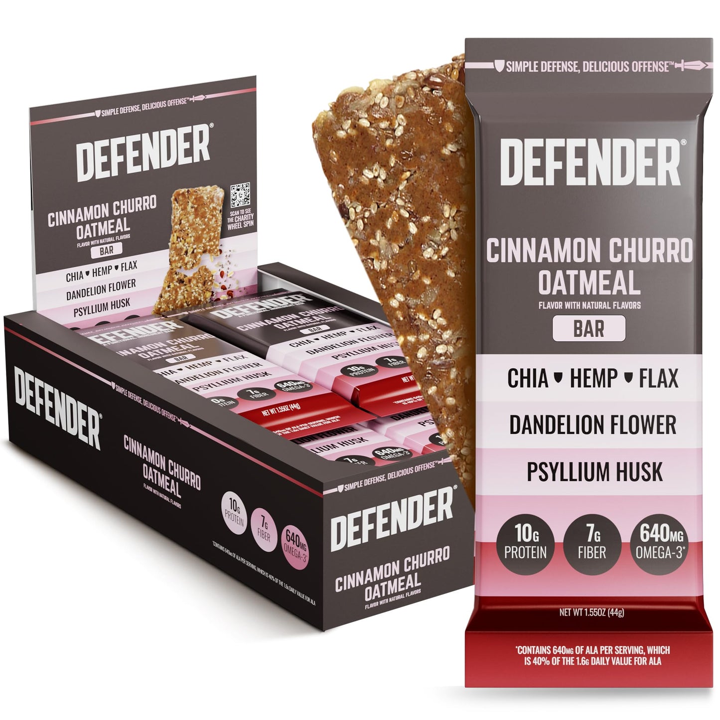 Defender Vegan Protein Bar, Cinnamon Churro Oatmeal, Plant Based Snack or Breakfast Bars, Psyllium Husk, Dandelion Root, High Fiber, Non GMO, Kosher