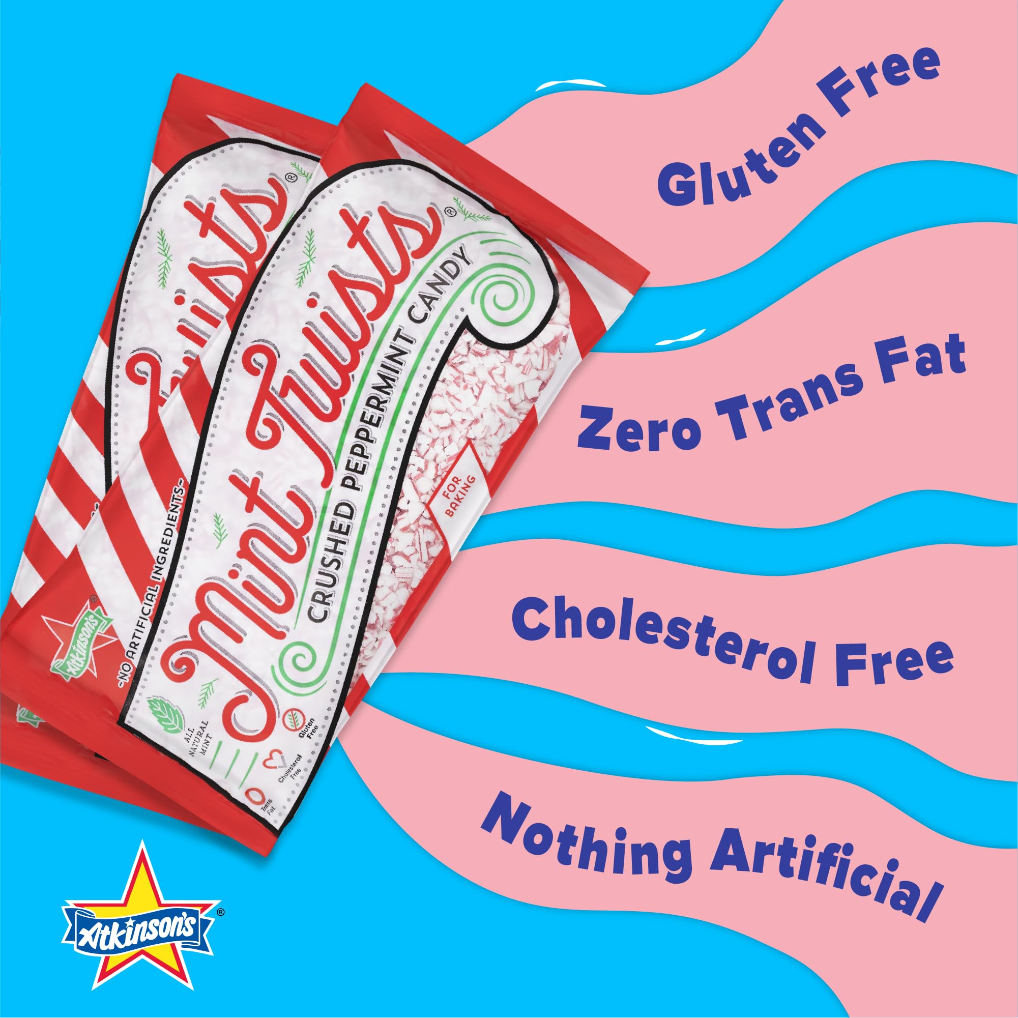 Atkinson's Mint Twists Crushed - Peppermint Red & White Candy - Gluten Free, Kosher, Vegan - Great for Baked Goods and Sweet Treats - 8 oz. Peg Bag