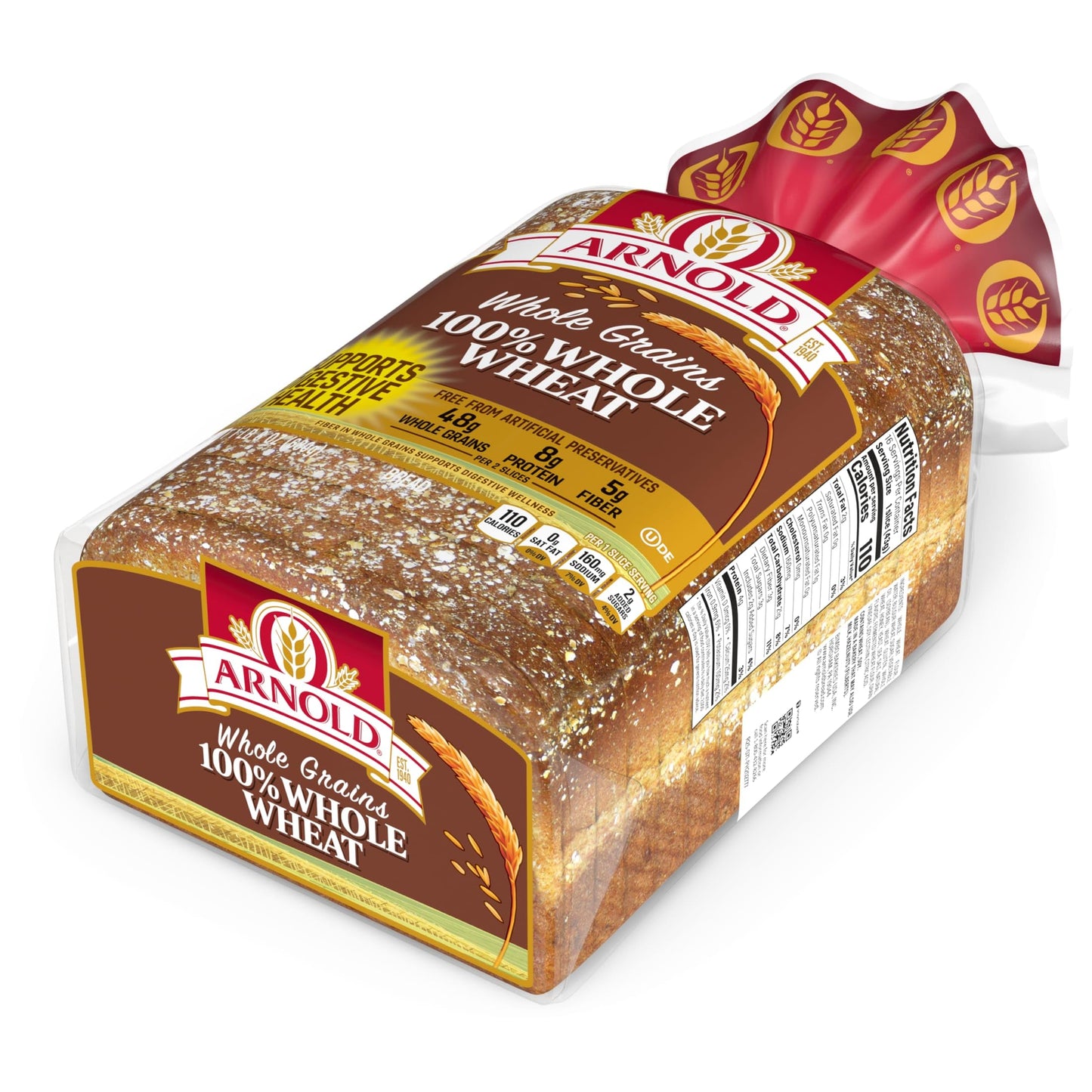 Arnold Whole Grains 100% Whole Wheat Bread, Wheat Bread Free From Artificial Colors, Flavors and Preservatives, 24 oz Loaf